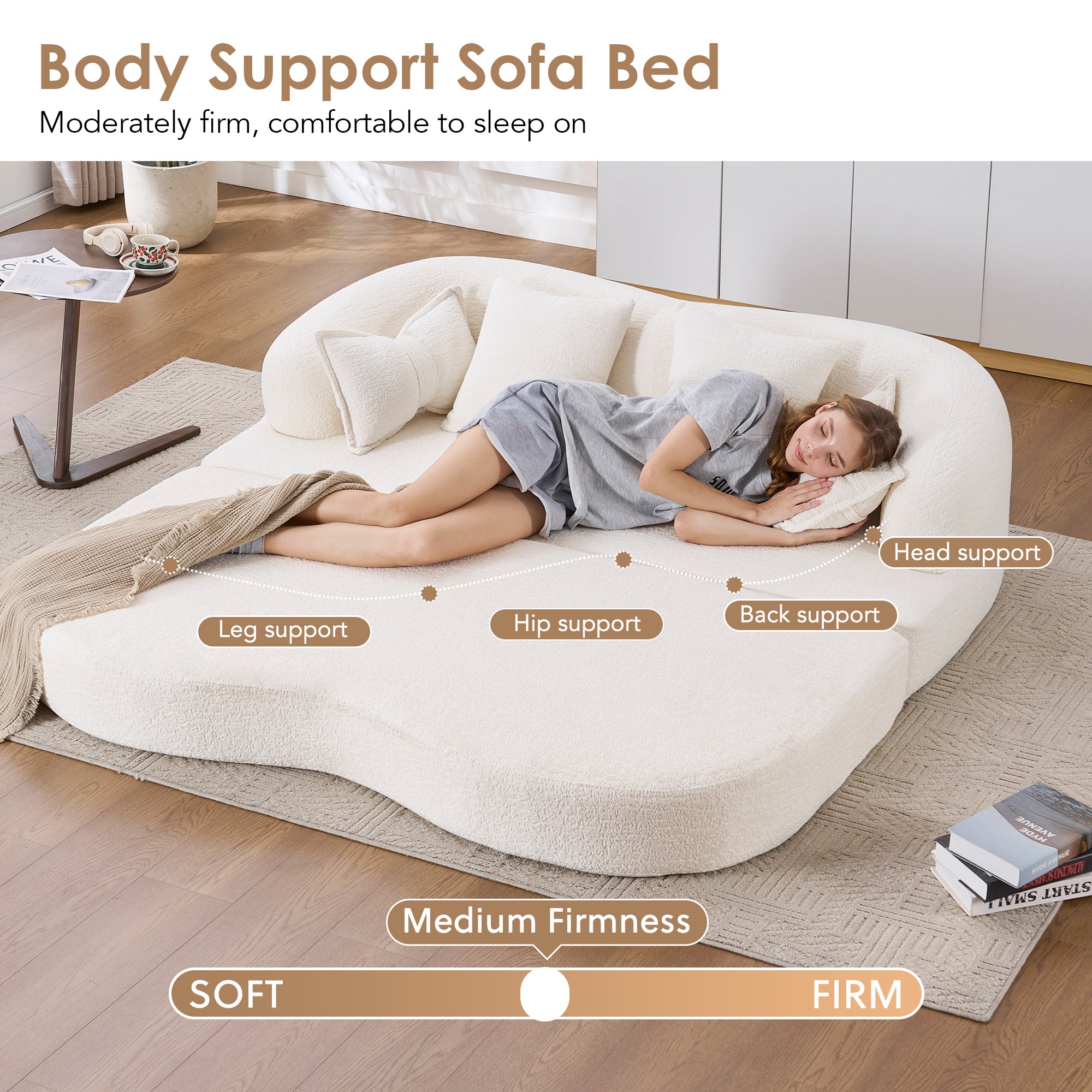 2-in-1 Foldable Sofa Bed,70 Inch Folding Boneless Couch Convertible Compressed Sleeper Sofabed, 4 Pillows for Living Room Apartment, Milk White - Grand Goldman Shop