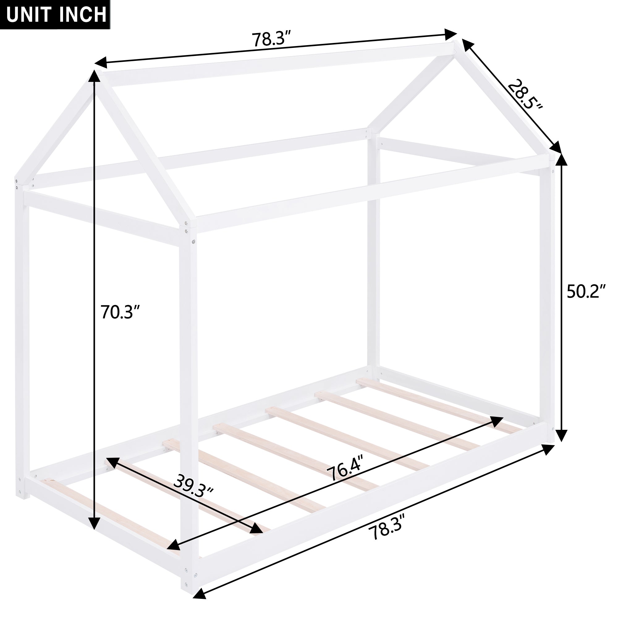 Twin Size Wooden House Bed in White with Pine Wood and MDF Construction, 78.3''L x 42.5''W x 70.3''H - Grand Goldman Shop