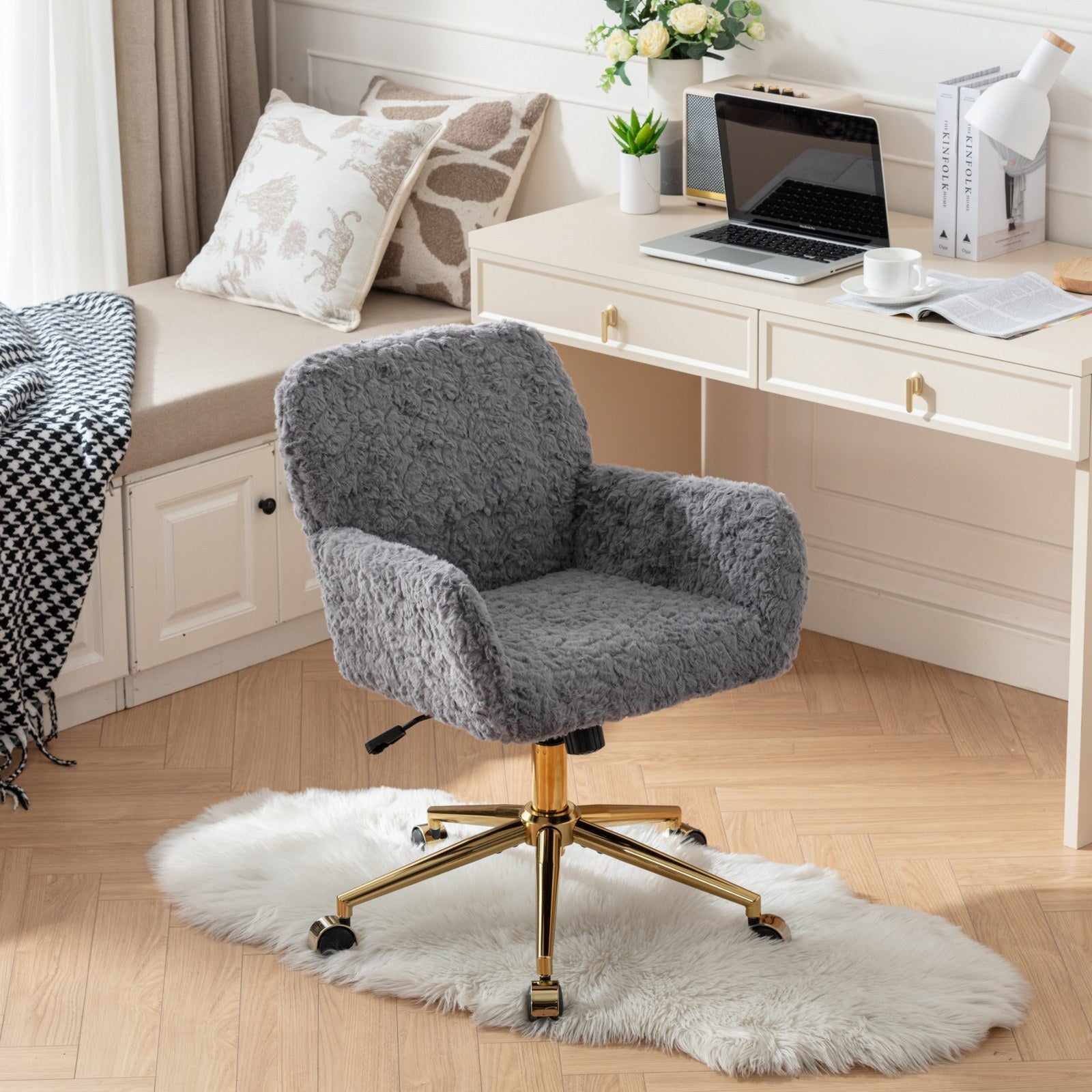 A&A Furniture Gray Adjustable Desk Chair with Artificial Rabbit Hair and Golden Metal Base | Premium Home Decor - Grand Goldm