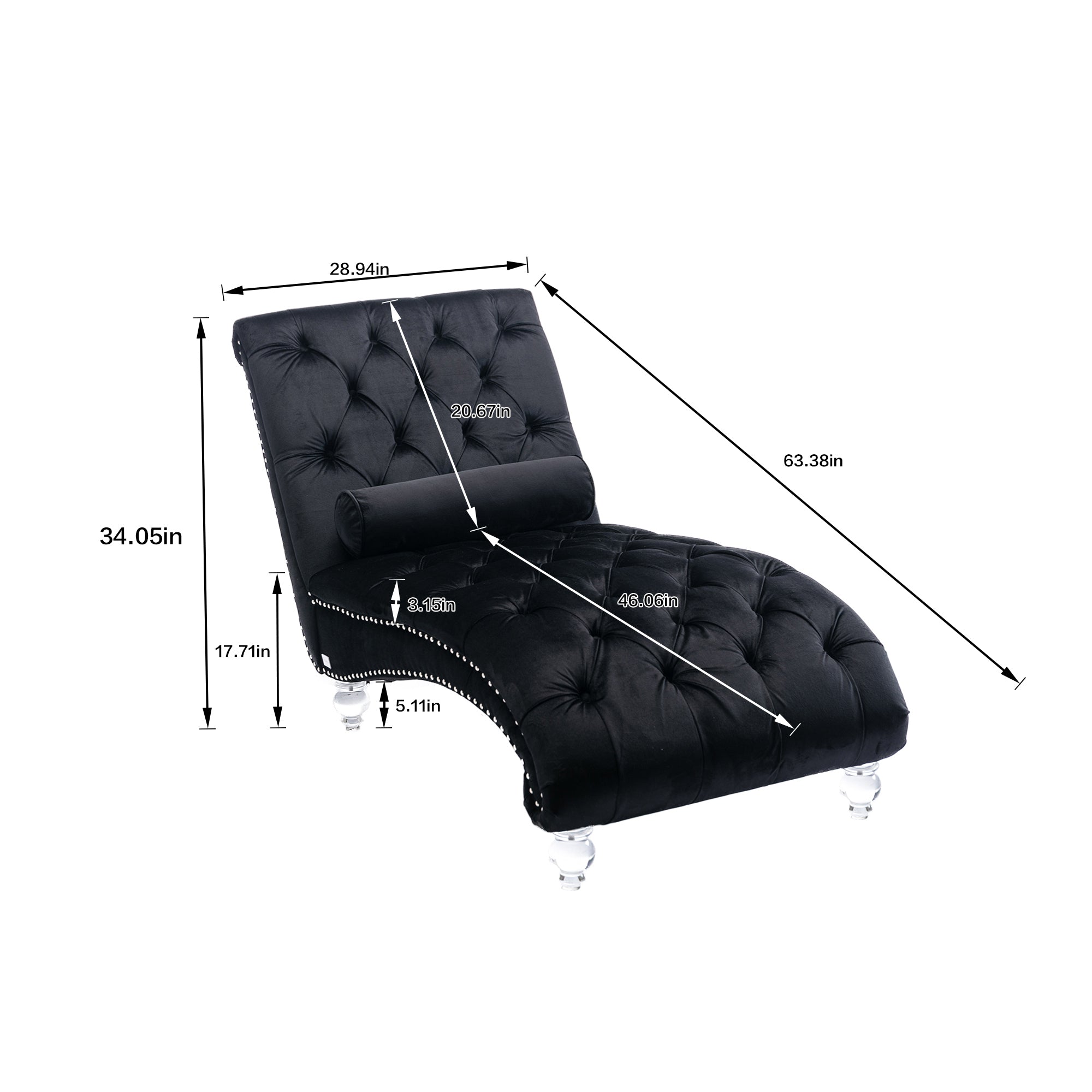 Velvet Chaise Lounge Indoor, Button-Tufted Upholstered Chair with Pillow, Black Velvet, 63.38x28.94x34.05 inches - Grand Goldman Shop