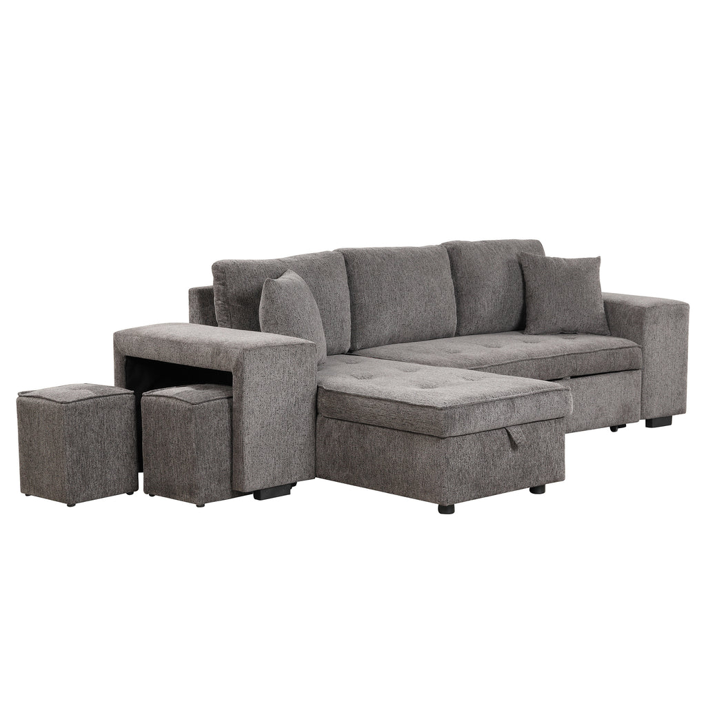 104.5' Modern L-Shape 3 Seat Reversible Sectional Couch, Pull Out Sleeper Sofa with Storage Chaise and 2 Stools for Living Room Furniture Set,Knox Charcoal (old sku:SG000431AAA) - Grand Goldman Shop