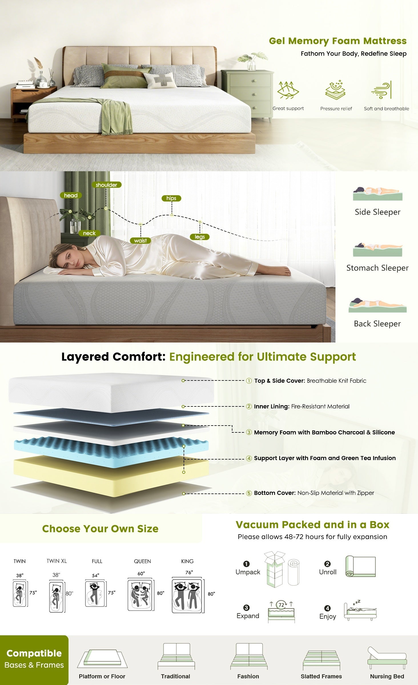 Twin Size Memory Foam Mattress,12 Inch Bed Mattress,with Cooling Green Tea Gel, CertiPUR-US Certified,White - Grand Goldman Shop