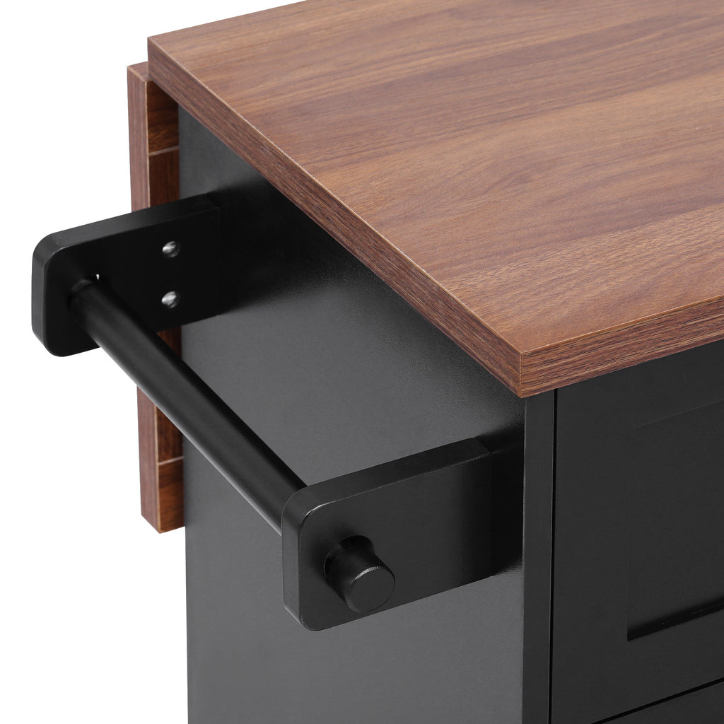 K&K 47.2' Farmhouse Kitchen Island with Drop Leaf, Kitchen Storage Island with Removable Side Racks, Two Drawers, Rolling Kitchen Cart on Wheels with Towel Rack, for Home, Kitchen, Dining Room, Black - Grand Goldman Shop
