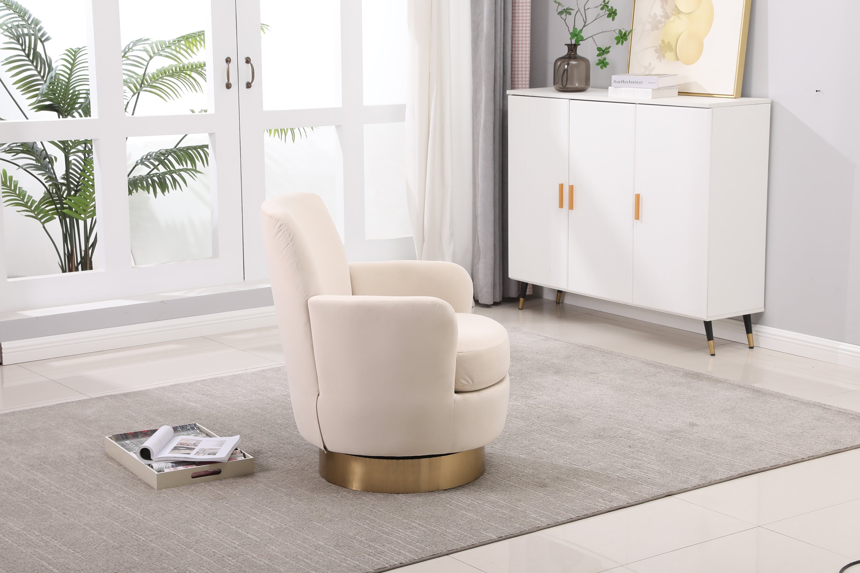 Velvet Swivel Barrel Chair, Swivel Accent Chairs Armchair for Living Room, Reading Chairs for Bedroom Comfy, Round Barrel Chairs with Gold Stainless Steel Base (Beige) - Grand Goldman Shop