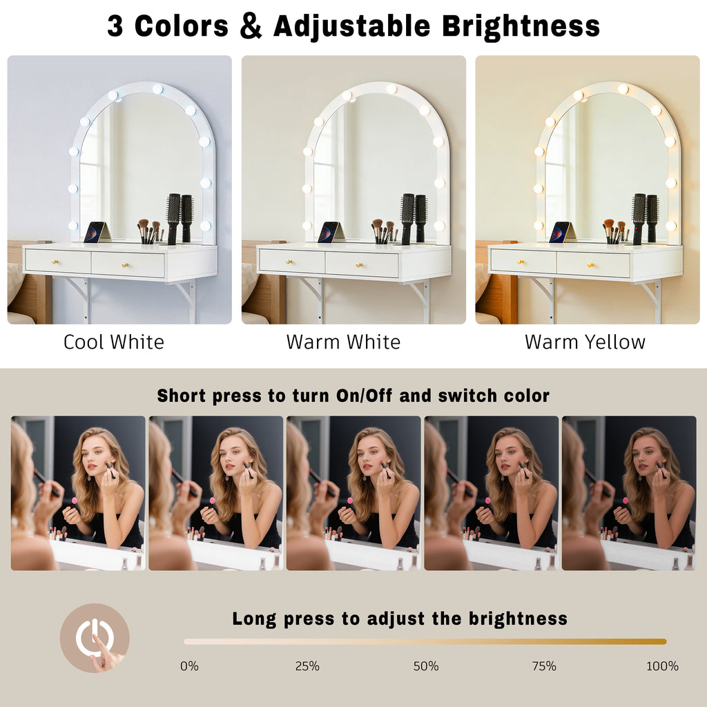 Floating Makeup Vanity Desk with Mirror & 3-Color Lights, Wall Dressing Table with Power Outlet, Compact vanity, Large Storage, White - Grand Goldman Shop