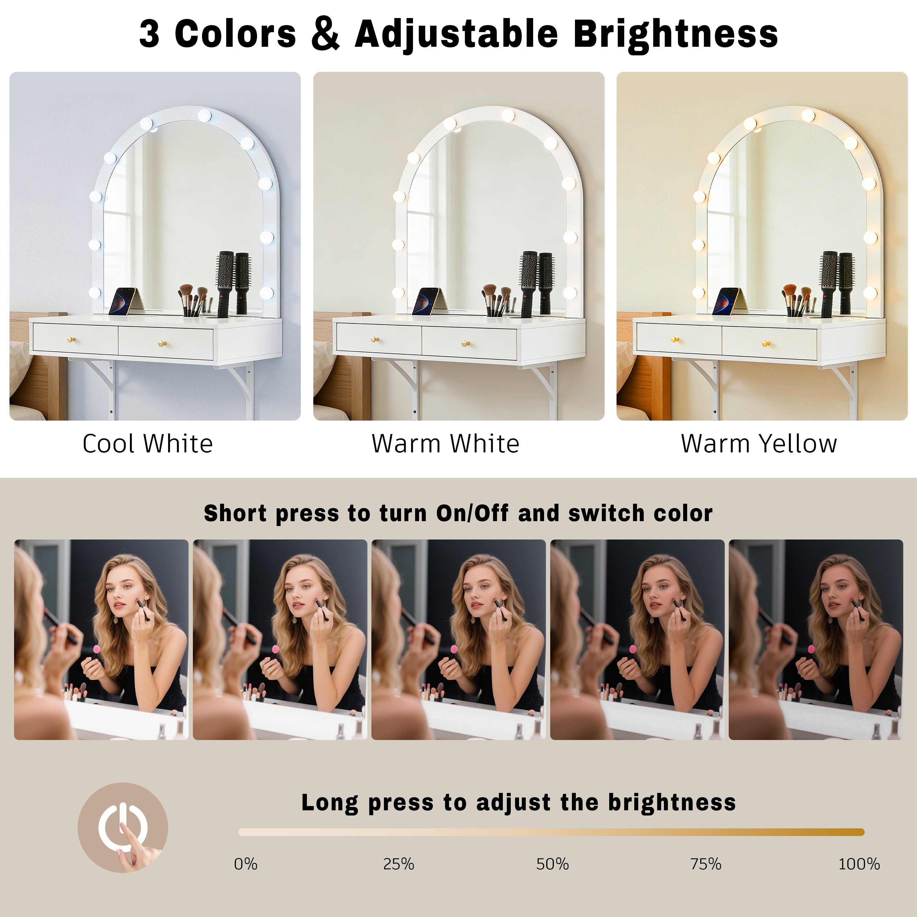 Floating Makeup Vanity Desk with Mirror & 3-Color Lights, Wall Dressing Table with Power Outlet, Compact vanity, Large Storage, White - Grand Goldman Shop