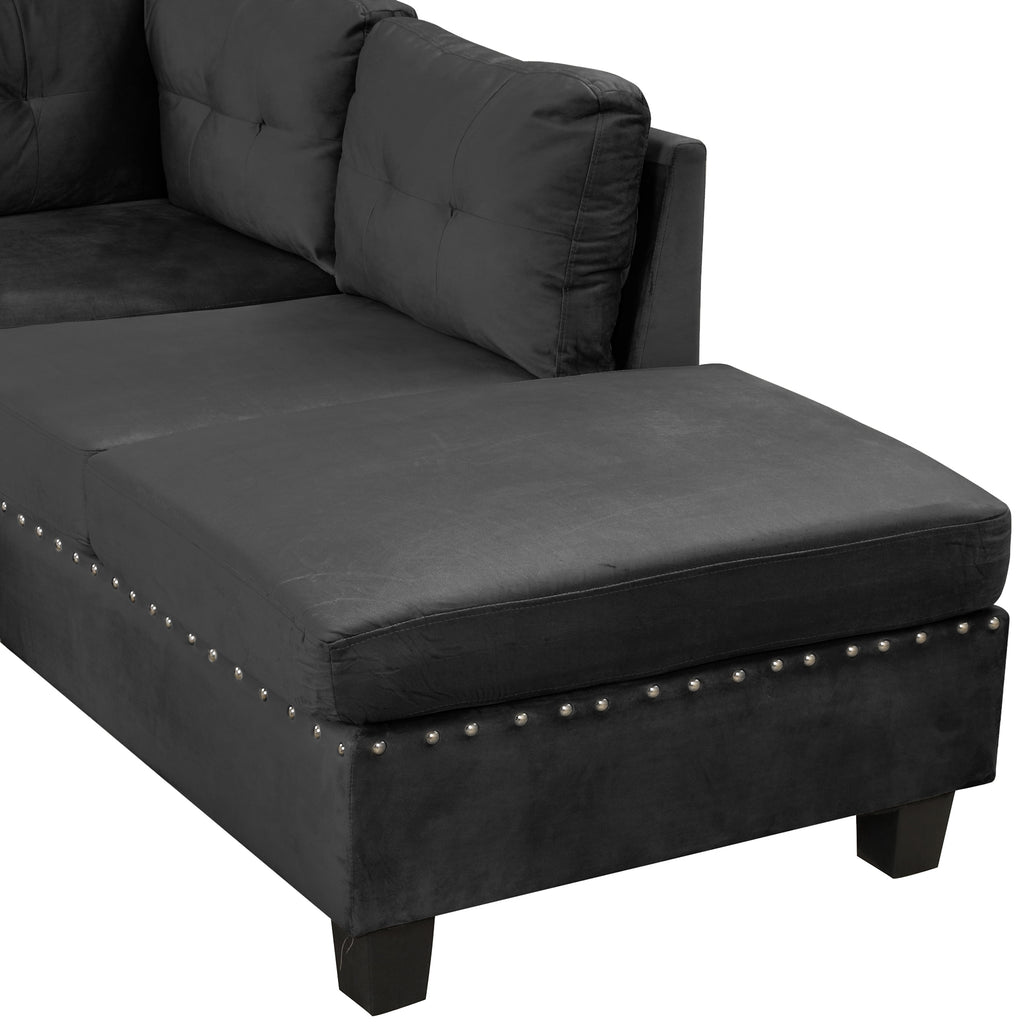 Modern Sectional Sofa with Storage Ottoman, L-Shape Couch with 2 Pillows and Cup Holders, Black Velvet, 105' - Grand Goldman Shop