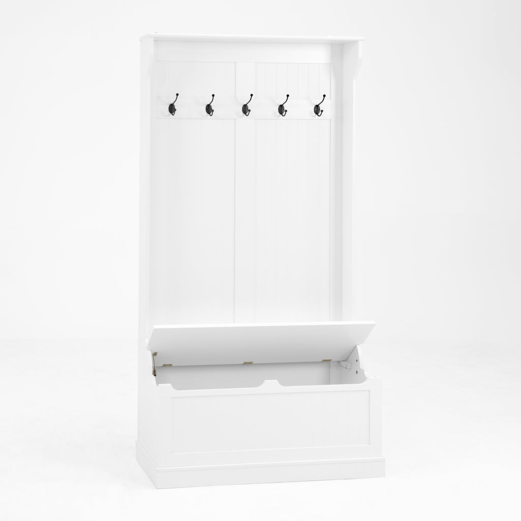 Entryway Bench with Standing Coat Rack, Hall Tree with Shoe Storage Bench, Entryway Organizer with 5 Hooks, White - Grand Goldman Shop