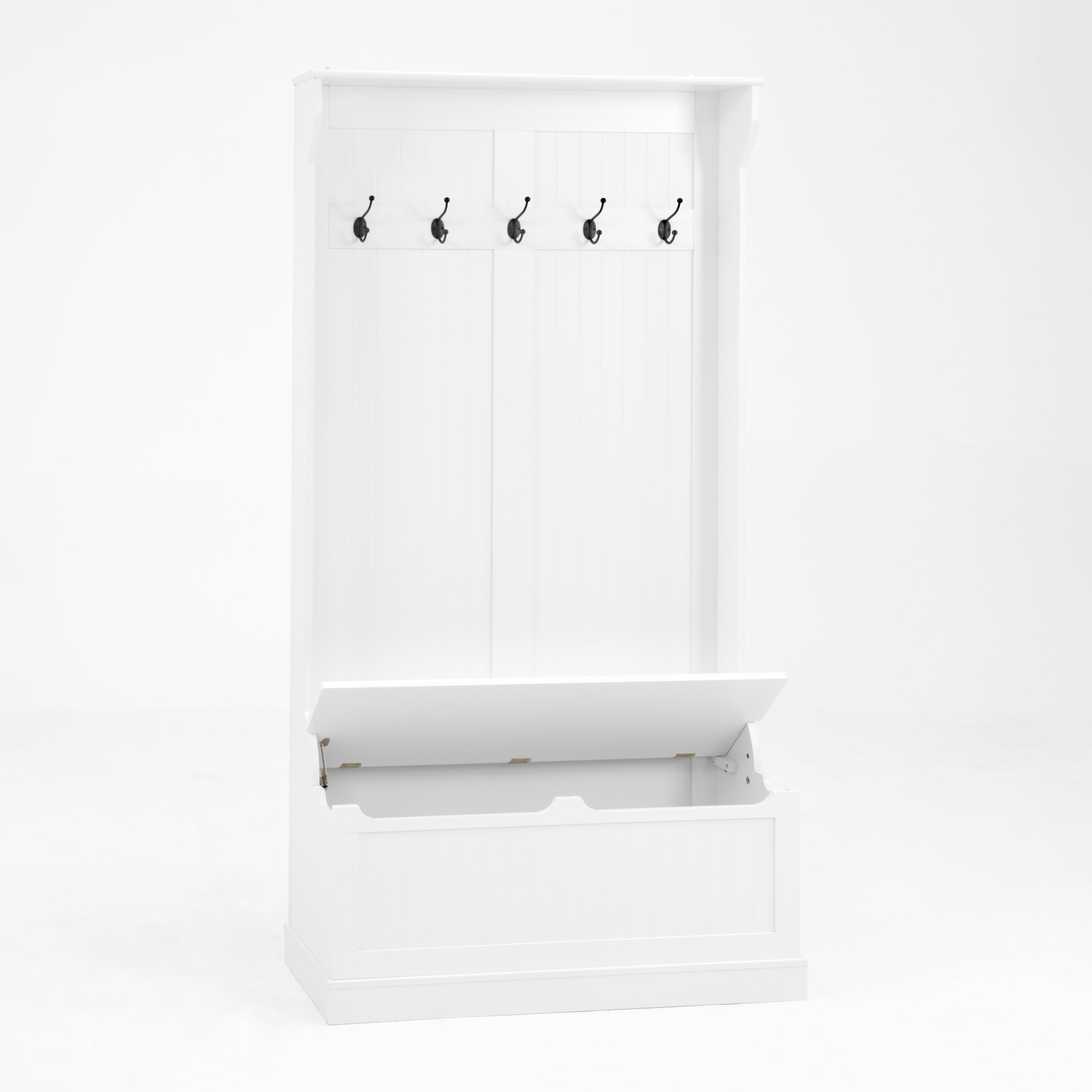 Entryway Bench with Standing Coat Rack, Hall Tree with Shoe Storage Bench, Entryway Organizer with 5 Hooks, White - Grand Goldman Shop