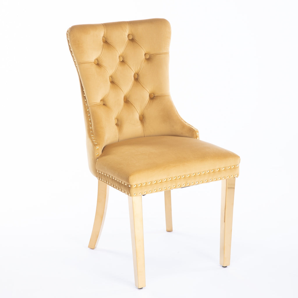 A&A Furniture,Nikki Collection Modern, High-end Tufted Solid Wood Contemporary Velvet Upholstered Dining Chair with Golden Stainless Steel Plating Legs,Nailhead Trim,Set of 2,Gold, SW1601GL - Grand Goldman Shop