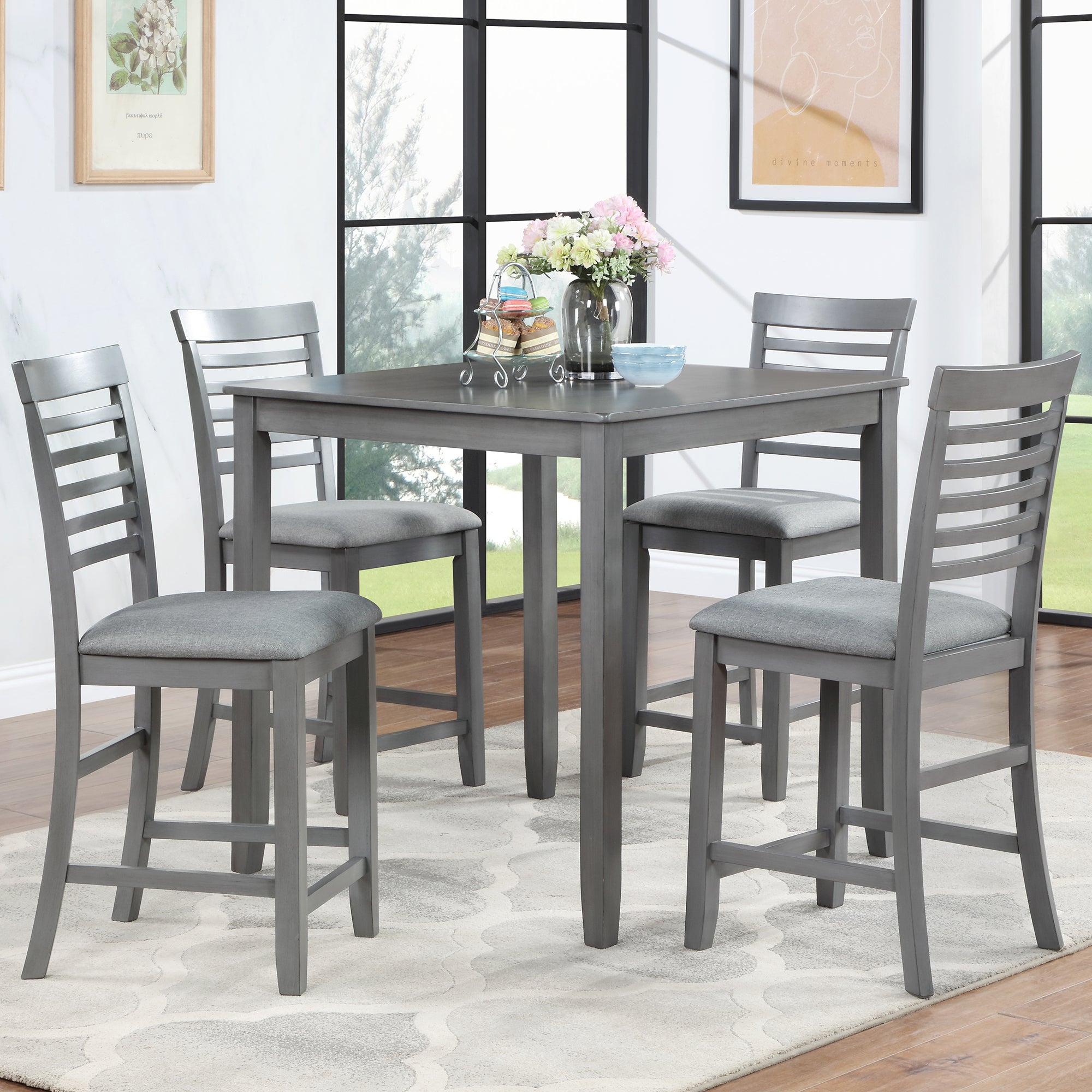 5 Piece Dining Table Set, Wooden Dining Square Table Set for 4, Counter Height Kitchen Table Set with Square Table and 4 Upholstered Chairs for Small Space, Gray - Grand Goldman Shop