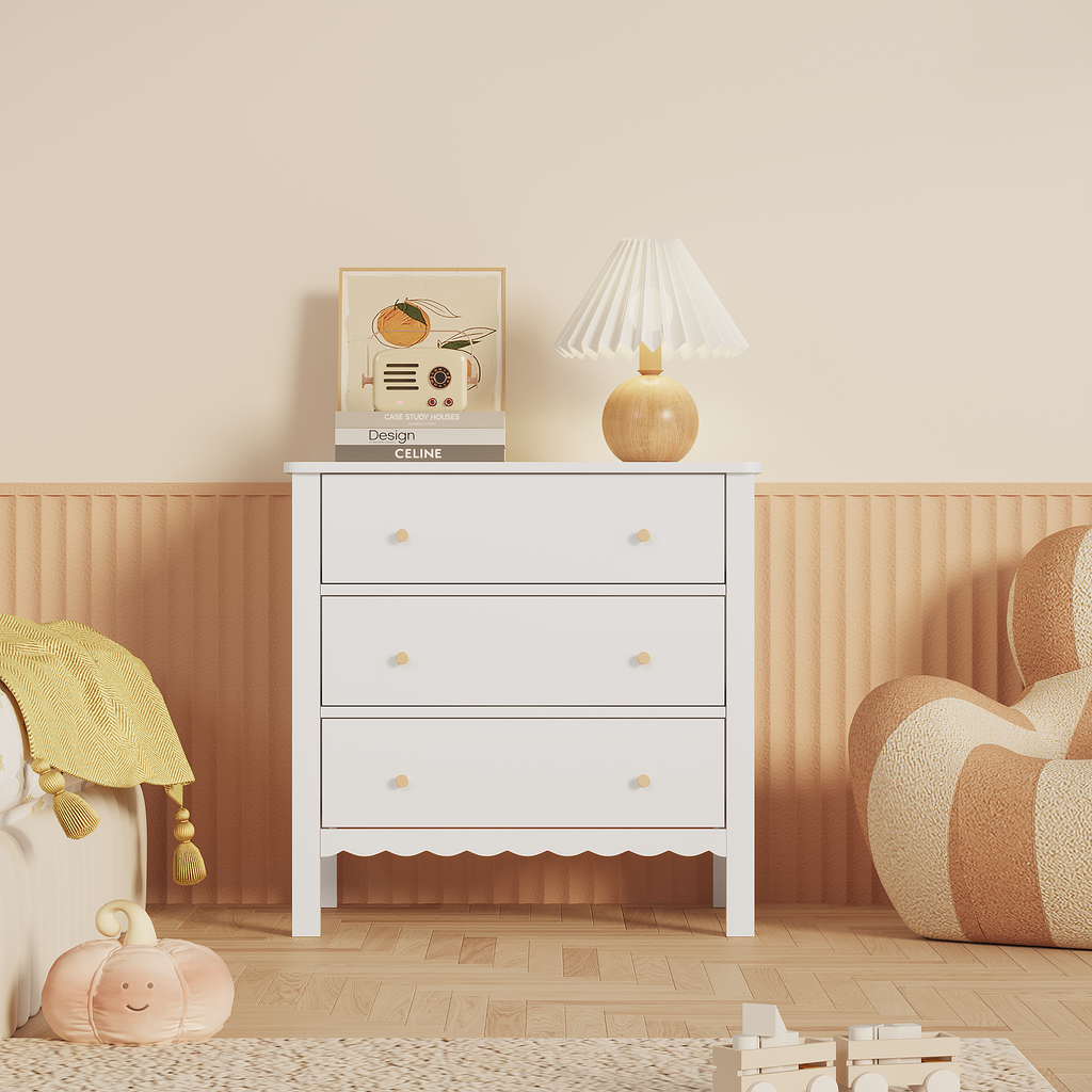 White 3 Drawer Dresser for Bedroom, Modern MDF Painted Chest of Drawers with Gold Knobs, Wooden Storage Cabinet for Kids, Nur