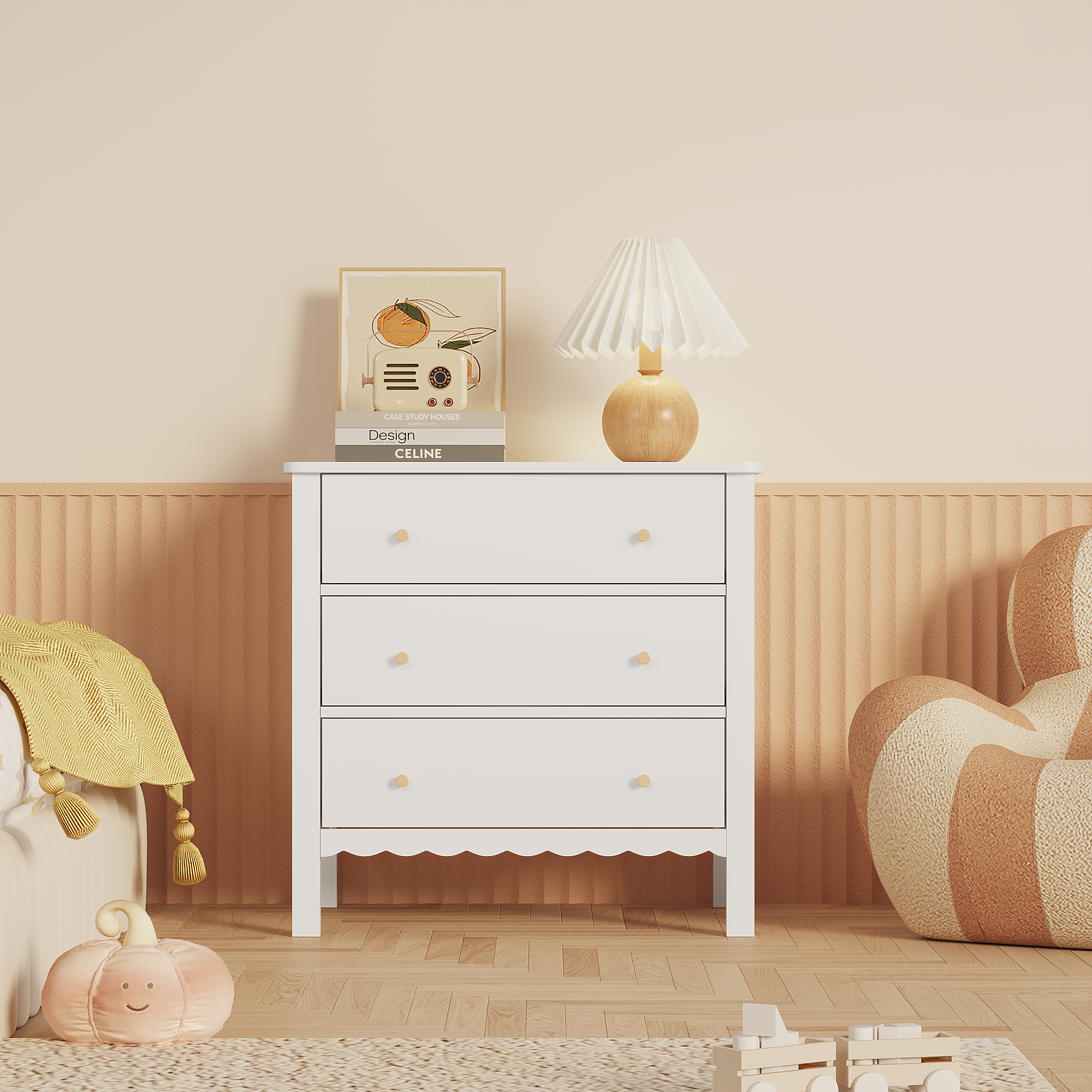 White 3 Drawer Dresser for Bedroom, Modern MDF Painted Chest of Drawers with Gold Knobs, Wooden Storage Cabinet for Kids, Nur
