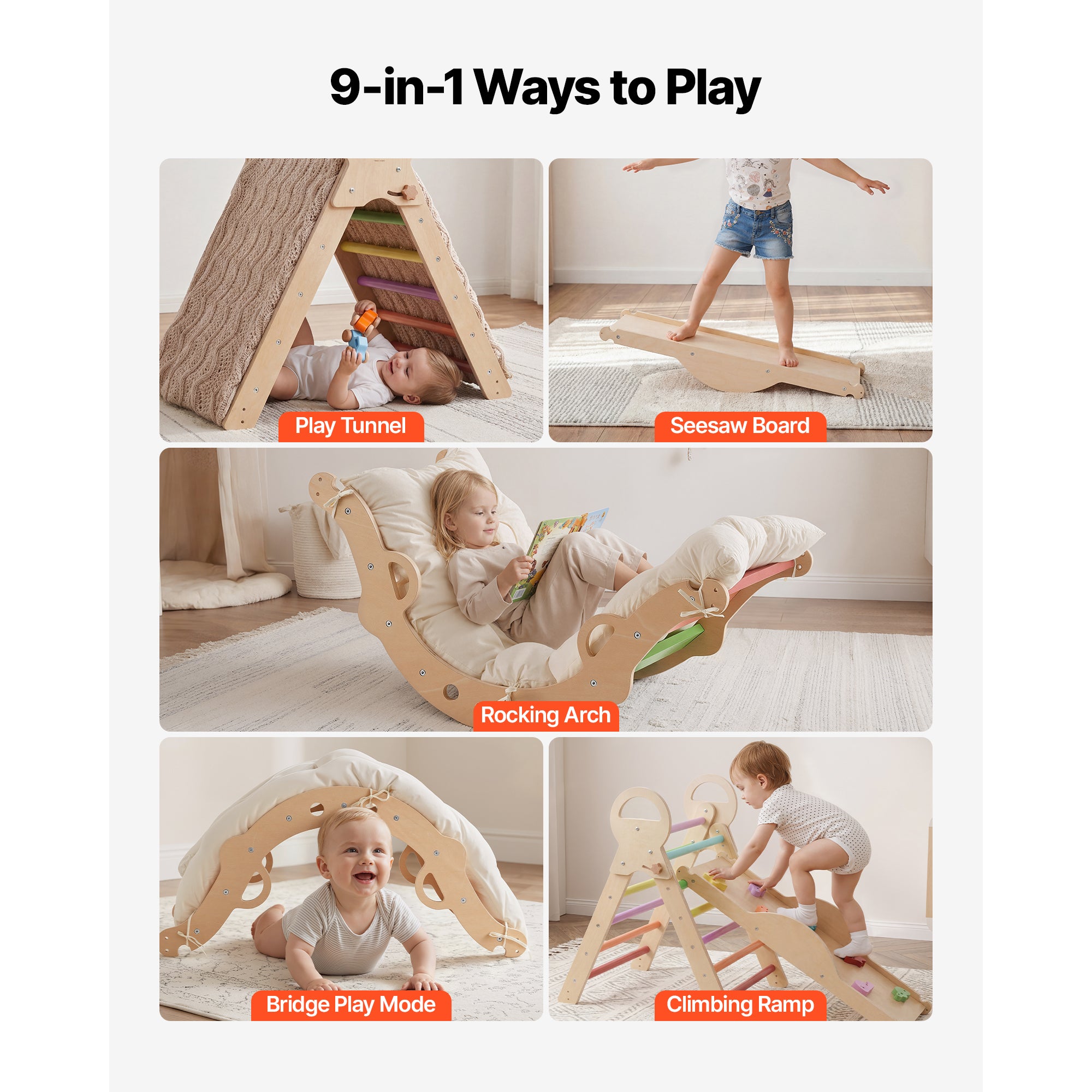 Pikler Triangle Set, 9-in-1 Toddler Climbing Toys Indoor, with Xylophone, Cushion, Triangle, Arch, and Ramp, 150 lbs Load, Fo