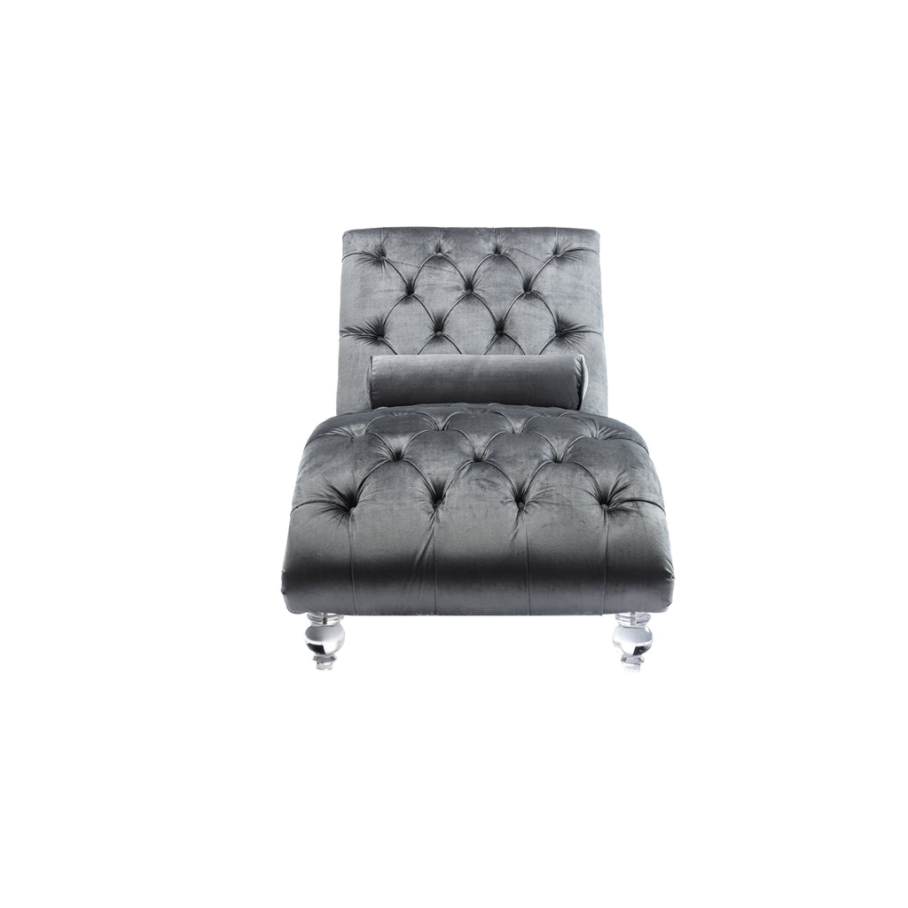 Velvet Chaise Lounge Indoor, Button-Tufted Upholstered Chaise Lounge Chair with Pillow, Silver Velvet, 63.98 Inches - Grand Goldman Shop