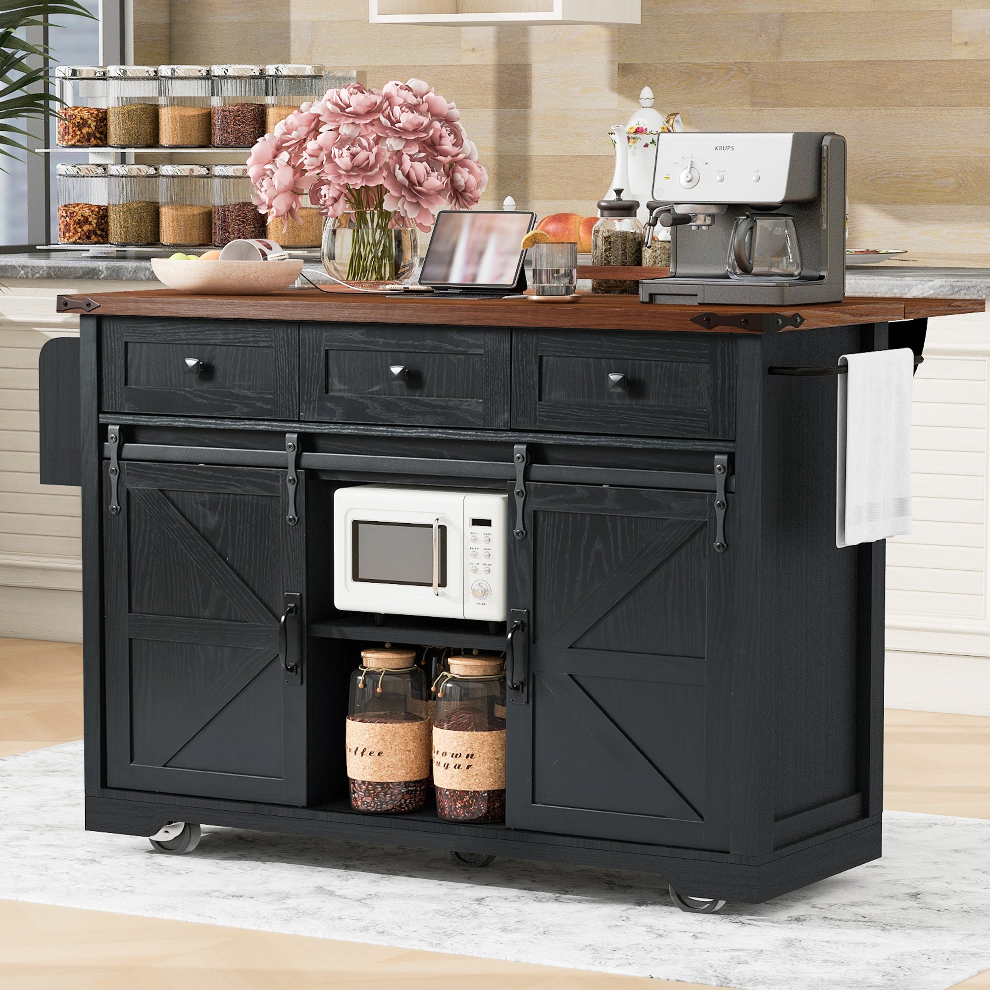 K&K 53.7' Farmhouse Kitchen Island with Power Outlet, 2 Sliding Barn Door Kitchen Storage Island with Drop Leaf, Spice Rack Rolling Kitchen Cart on Wheels, for Home, Kitchen and Dining Room, Black - Grand Goldman Shop
