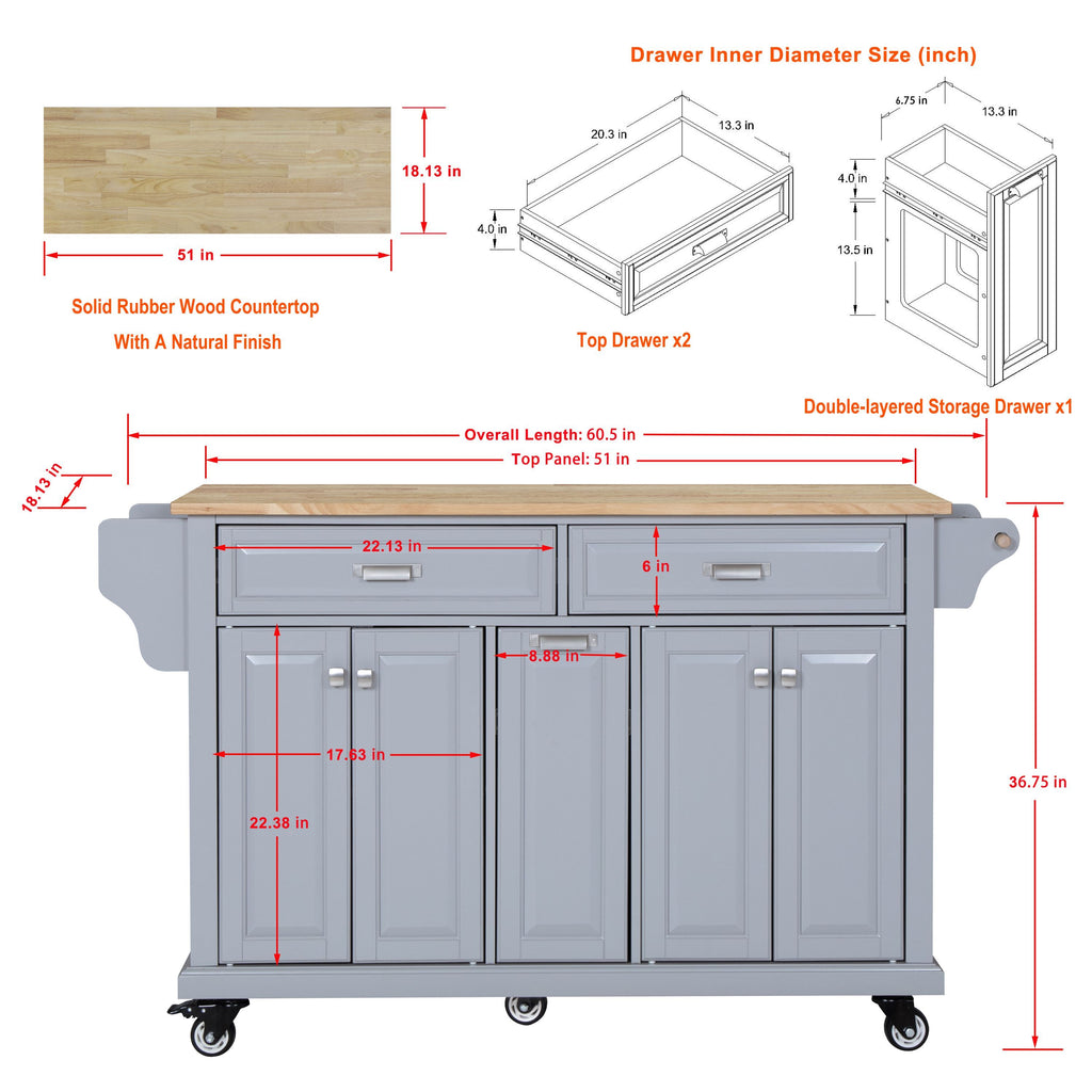 Kitchen Island with Rubber wood Countertop, Kitchen Cart on 5 Wheels with Storage Cabinet and 2 Top Drawers and A center double layered storage drawer for Dinning Room, Grey - Grand Goldman Shop