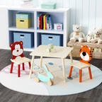 Kids Table and 2 Chairs Set, Wooden Activity Play Table Set with Bear & Tiger Design in White & Orange, Solid Wood and MDF Co