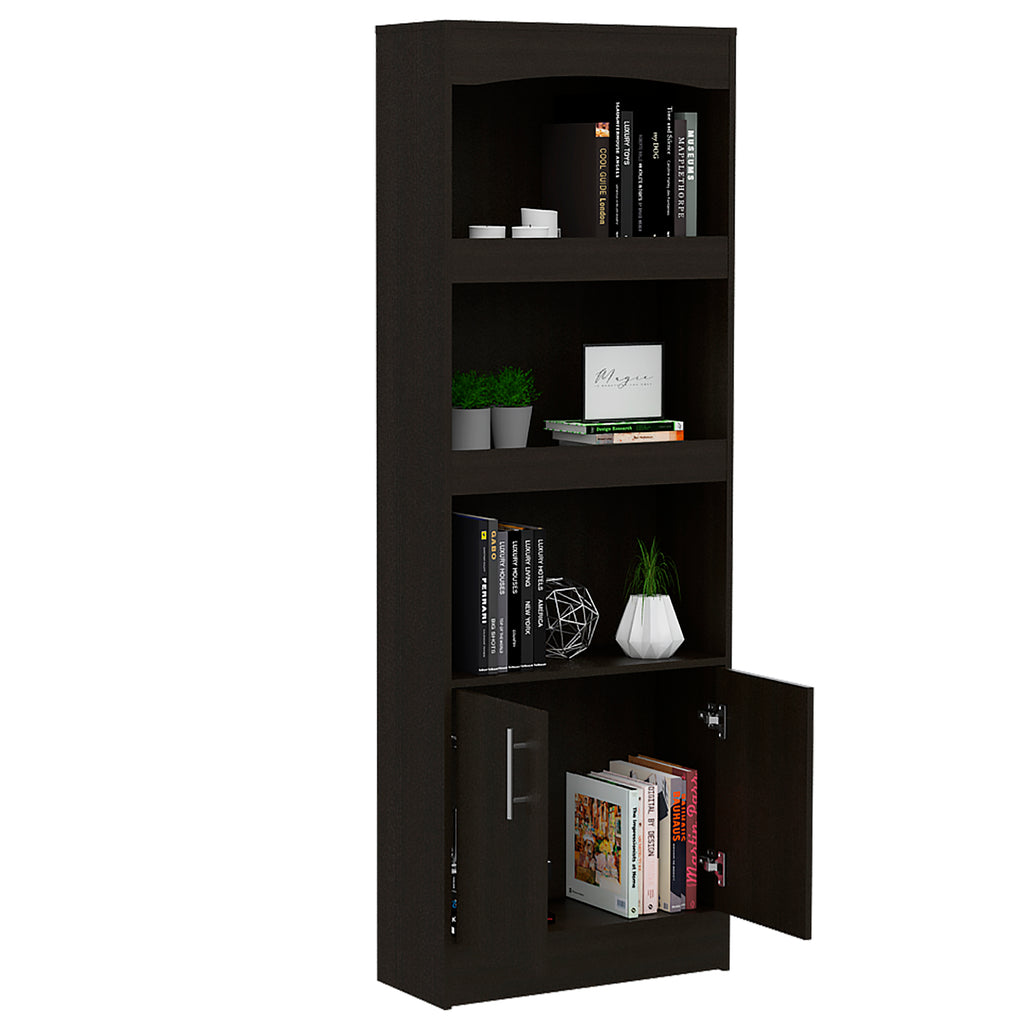 Bookcase, Three Shelves, Double Door Cabinet, Metal Hardware, Black | Premium Home Decor - Grand Goldman