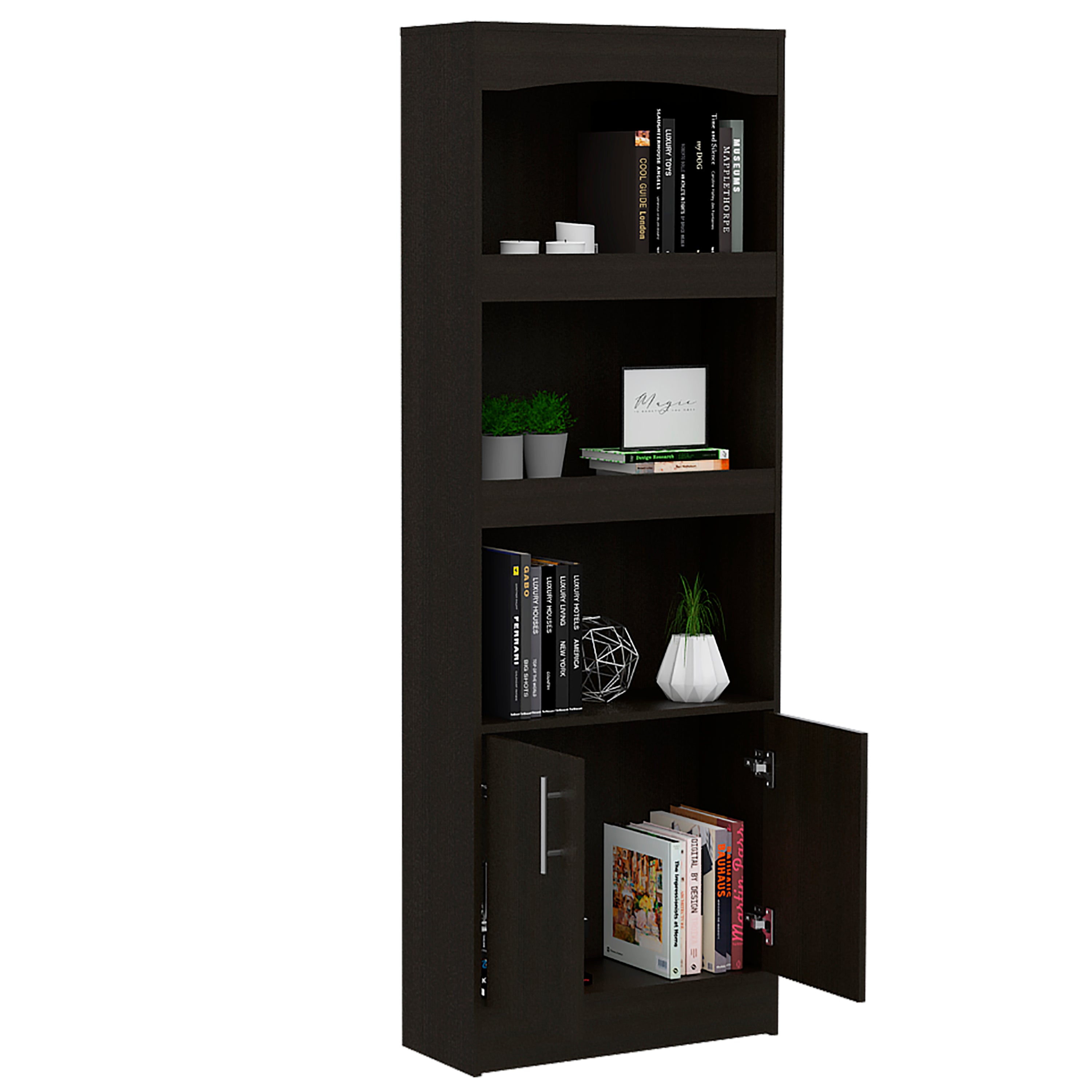 Bookcase, Three Shelves, Double Door Cabinet, Metal Hardware, Black | Premium Home Decor - Grand Goldman