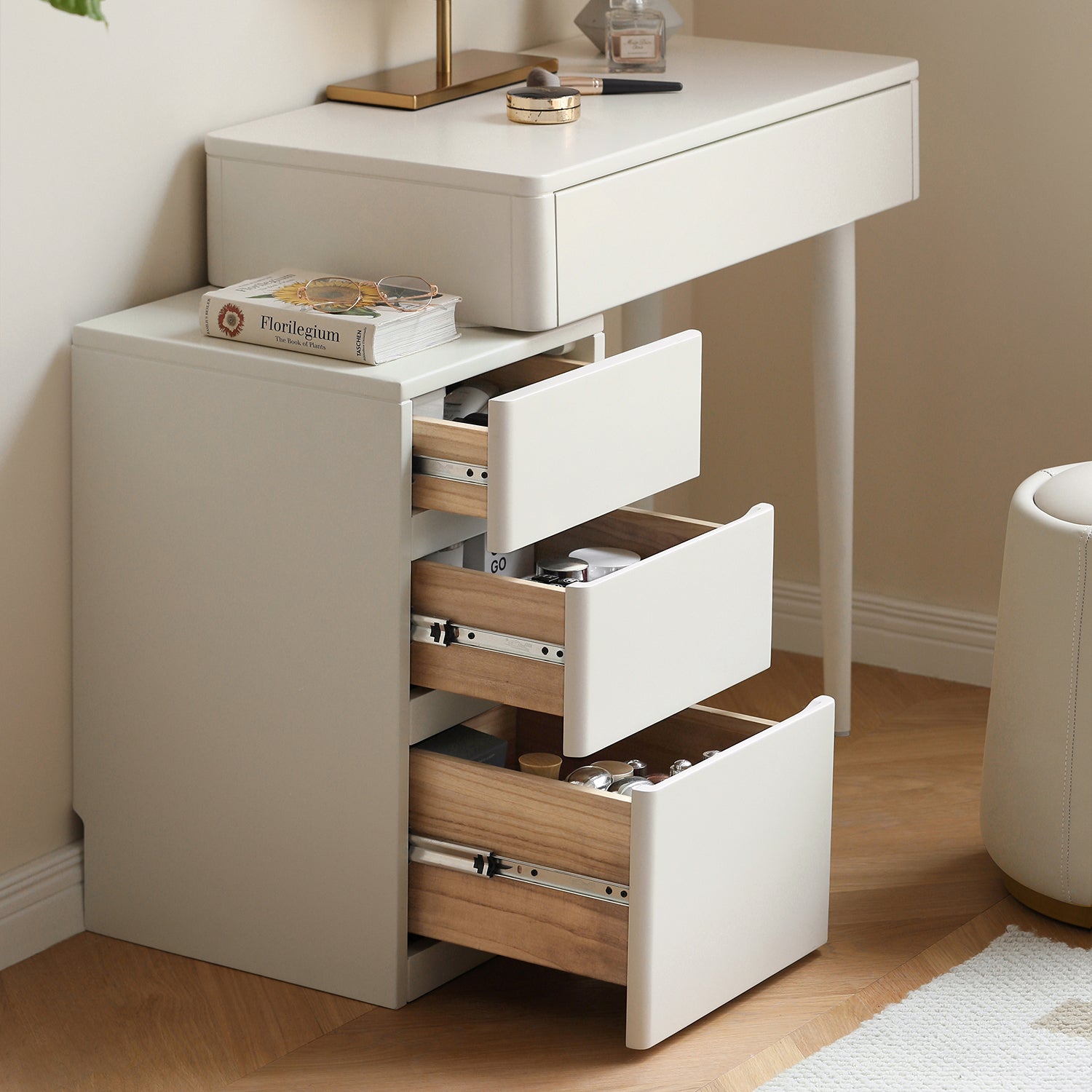 Elegant White Liriodendron Chinense Dresser Table with Stool, 100% Solid Wood, Compact Storage, 80cm Width - Grand Goldman Shop