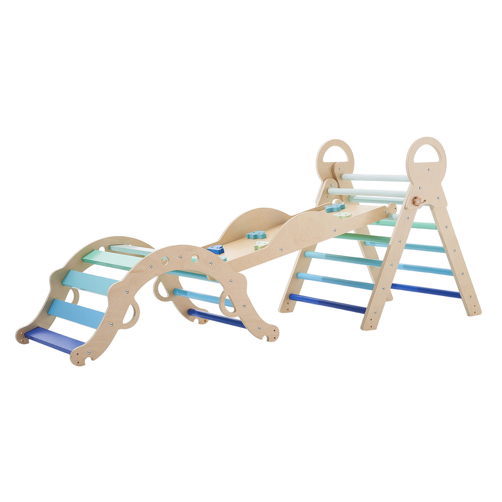 Pikler Triangle Set, 9-in-1 Toddler Climbing Toys Indoor, with 2 Wooden Cars, Cushion, Triangle, Arch, and Ramp, 150 lbs Load