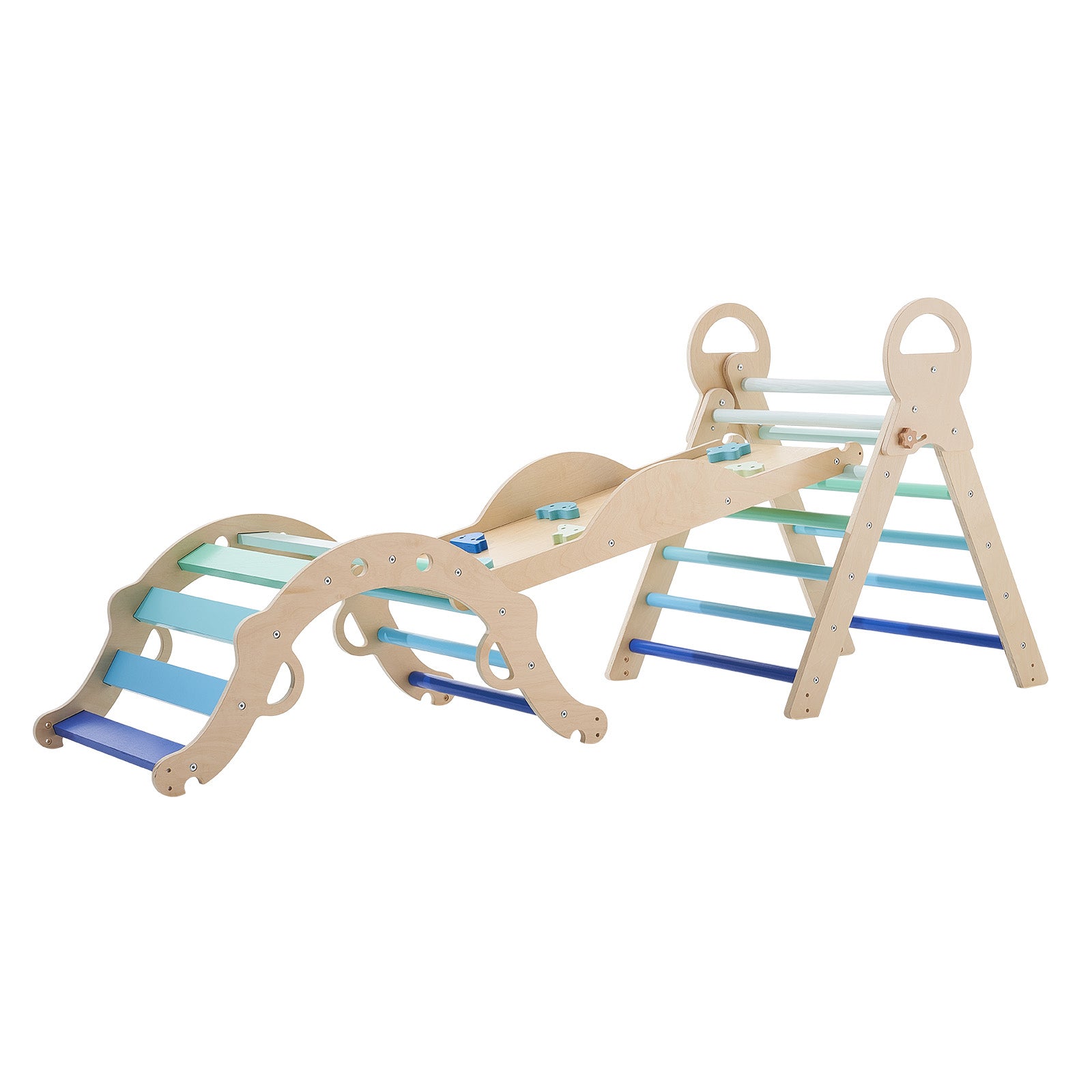 Pikler Triangle Set, 9-in-1 Toddler Climbing Toys Indoor, with 2 Wooden Cars, Cushion, Triangle, Arch, and Ramp, 150 lbs Load