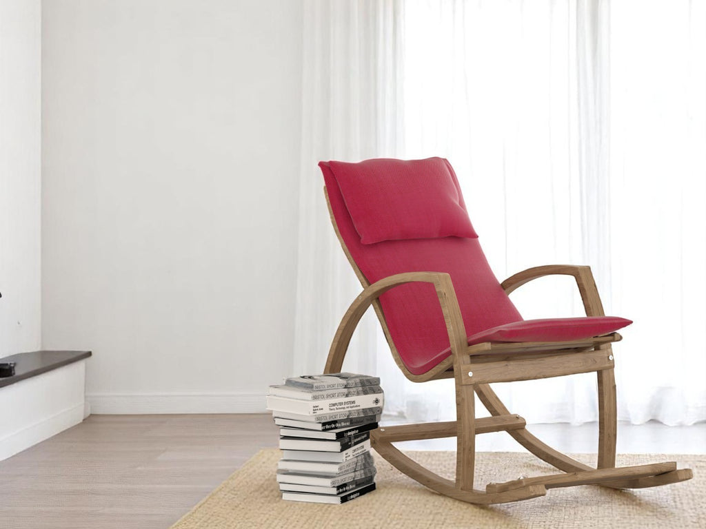 Modern Rocking Chair, Modern Accent Rocker Armchair With Wooden Frame, Upholstered High Back Wooden Rocking Chair for Contemporary Living Spaces, Red - Grand Goldman Shop