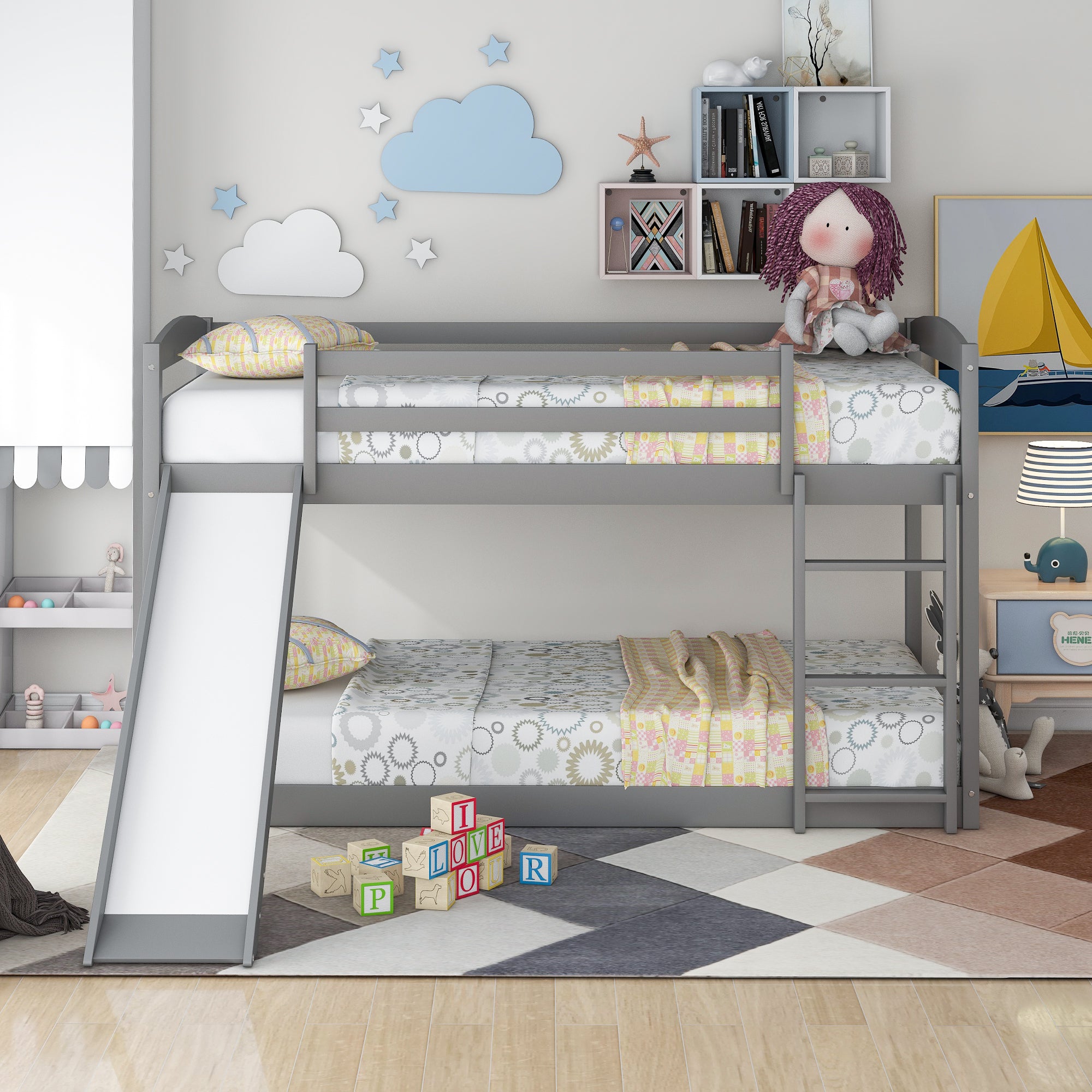 Gray Twin over Twin Bunk Bed with Convertible Slide and Ladder, Pine Wood and MDF, 79.3''L x 84.4''W x 46.5''H - Grand Goldman Shop