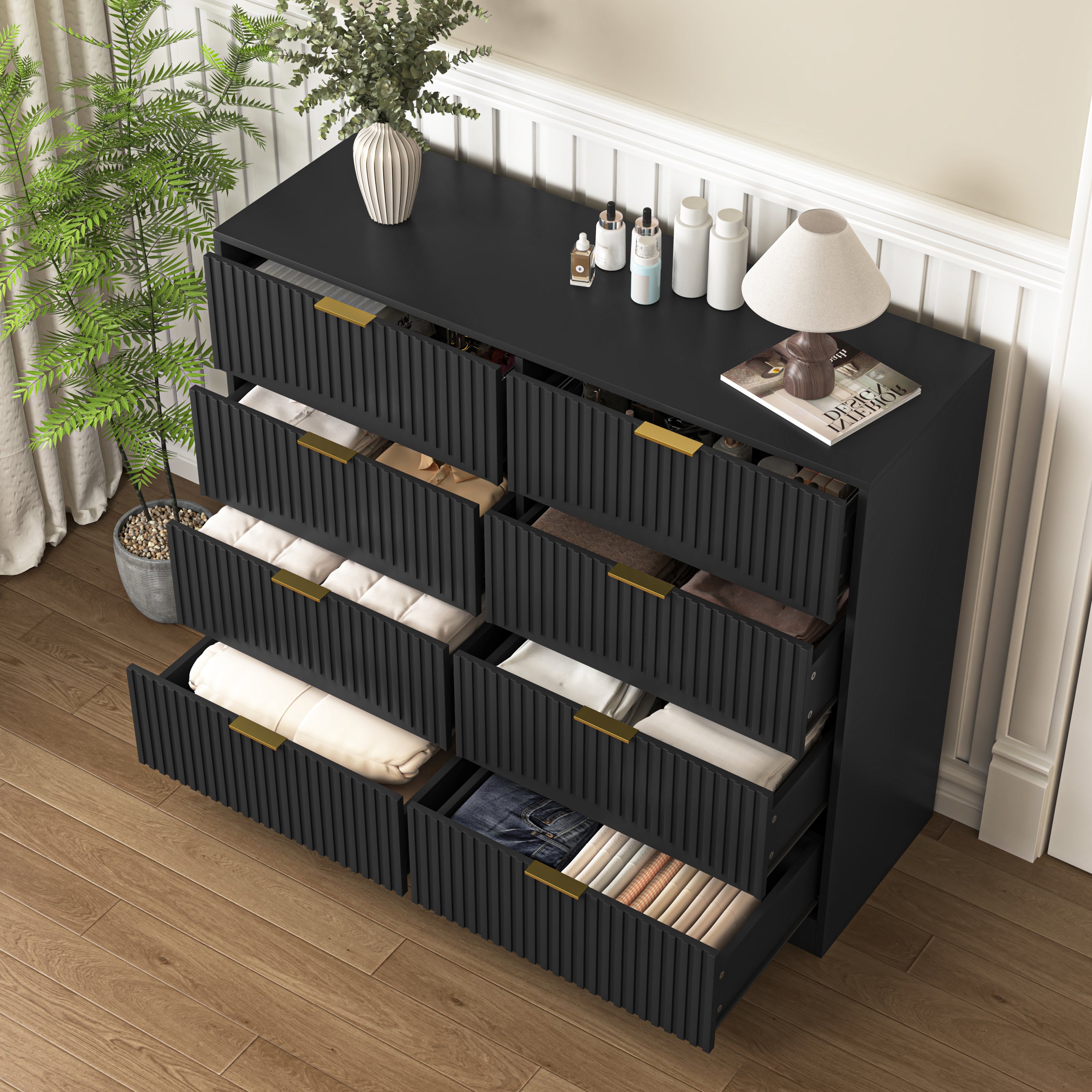 Modern 8 Drawers Dresser Chests for Bedroom,47.2' Wide Wood Chest of Drawers with Gold Metal Handle,Drawer Organizer for Bedroom,Living Room,Hallway and Entryway,Black - Grand Goldman Shop