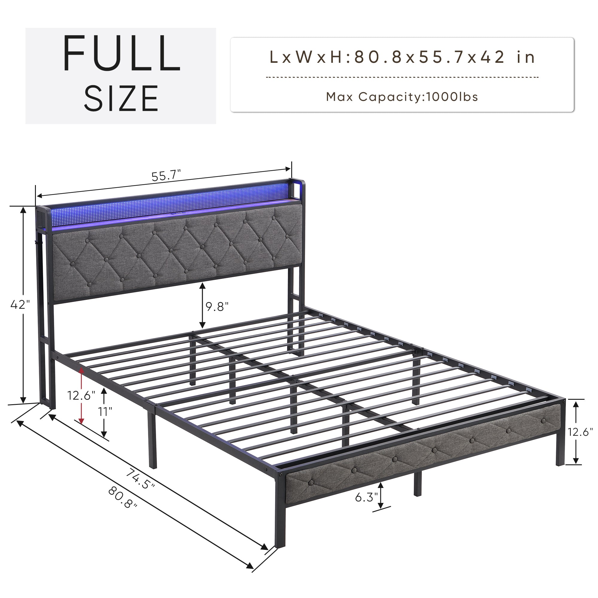 Full Bed Frame with  Storage Headboard, Charging Station and LED Lights, Upholstered Platform Bed with Heavy Metal Slats, No Box Spring Needed, Noise Free, Easy Assembly, Dark Gray - Grand Goldman Shop