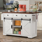 K&K 53.7' Farmhouse Kitchen Island with Power Outlet, 2 Sliding Barn Door Kitchen Storage Island with Drop Leaf, Spice Rack Rolling Kitchen Cart on Wheels, for Home, Kitchen and Dining Room, White - Grand Goldman Shop