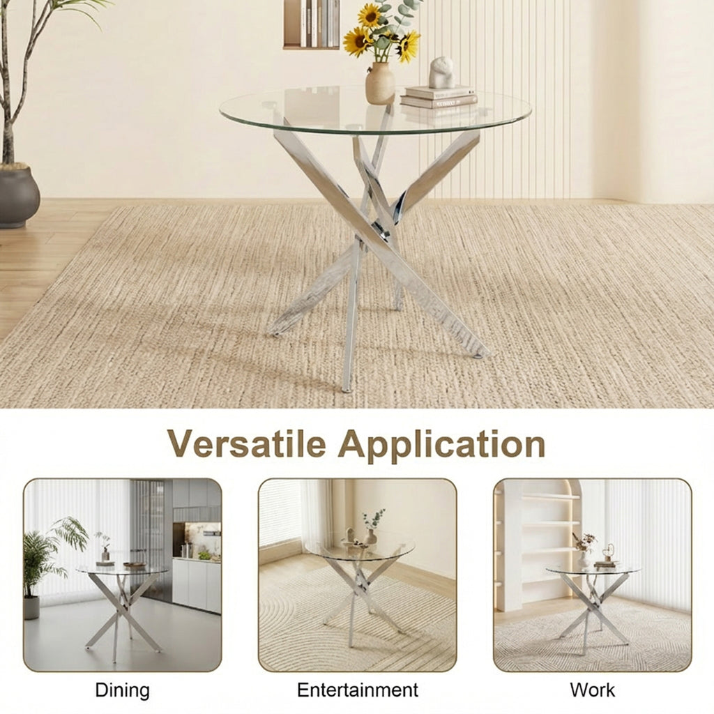 Round Dining Table, 35.5' Glass Dining Table with Silver Legs, Modern Kitchen Table for Home Kitchen, Dining Room - Grand Goldman Shop