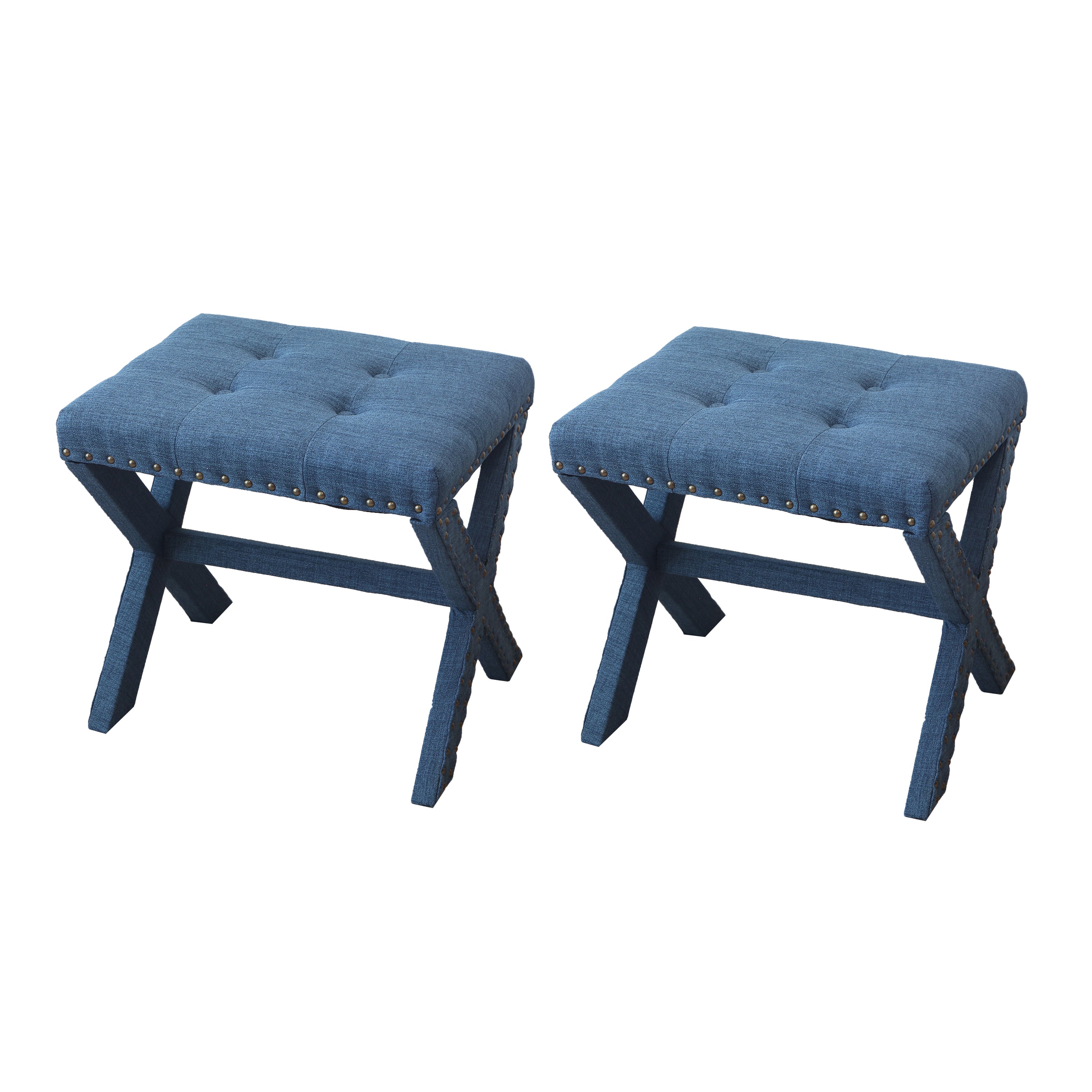Accent Stool, Tufted Linen Upholstered Chair, X-Base Wood Seat with Nailhead Trim, 17'D x 19'W x 17'H, 300 lbs Capacity - Grand Goldman Shop