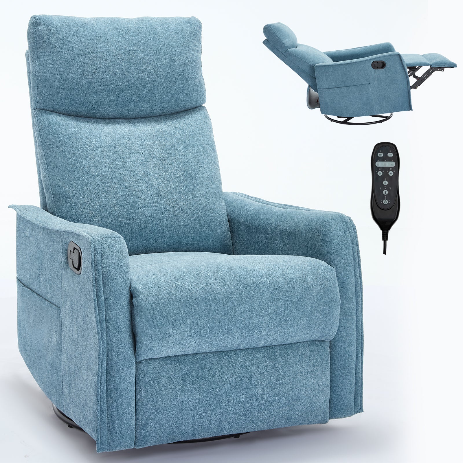 Heat Massage Manual Recliner Chair with Rocker and Swivel in Fabric for Living Room, Blue - Grand Goldman Shop