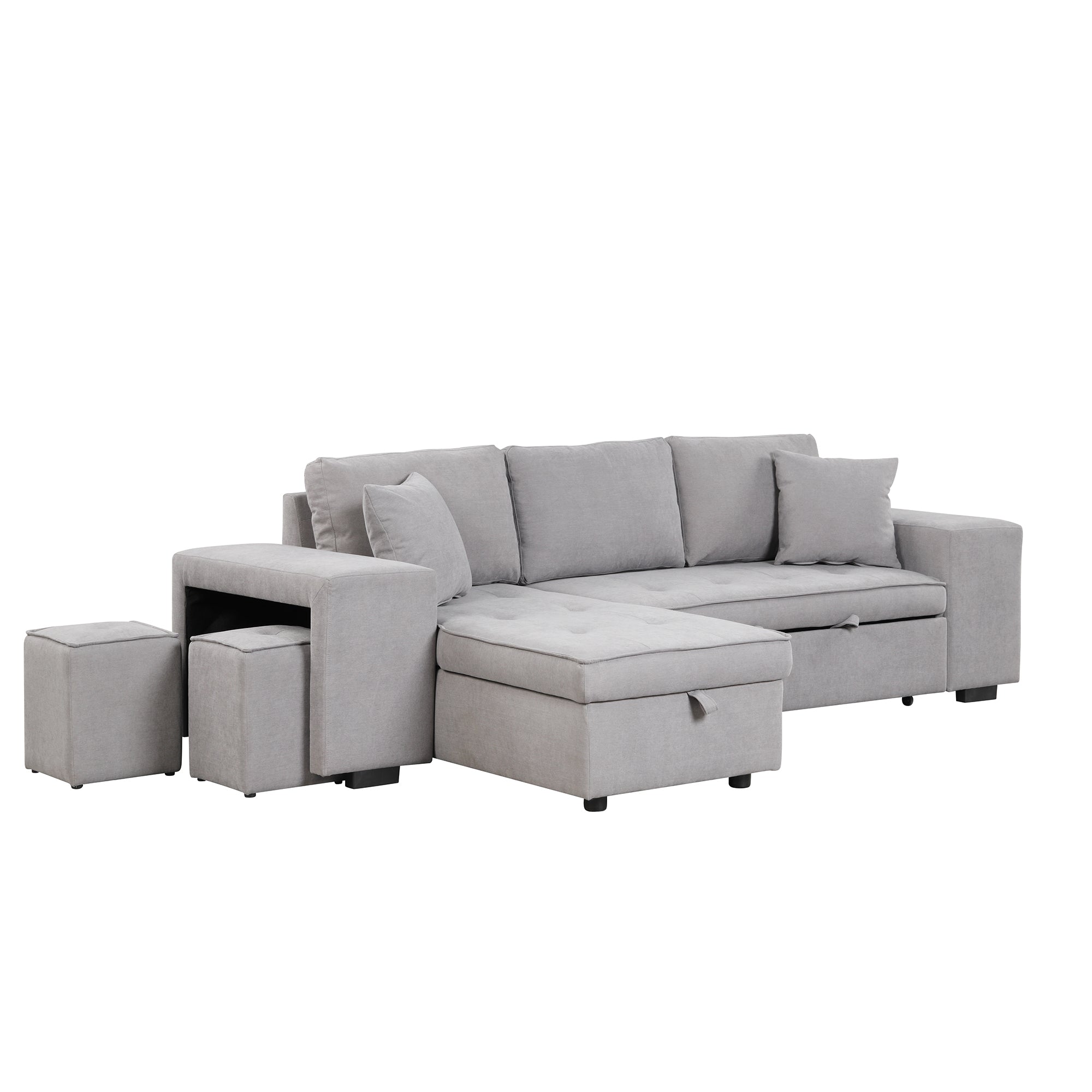 Modern Reversible L-Shape Pull Out Sleeper Sofa with Storage Chaise and Stools, Gray Linen, 104.5' - Grand Goldman Shop