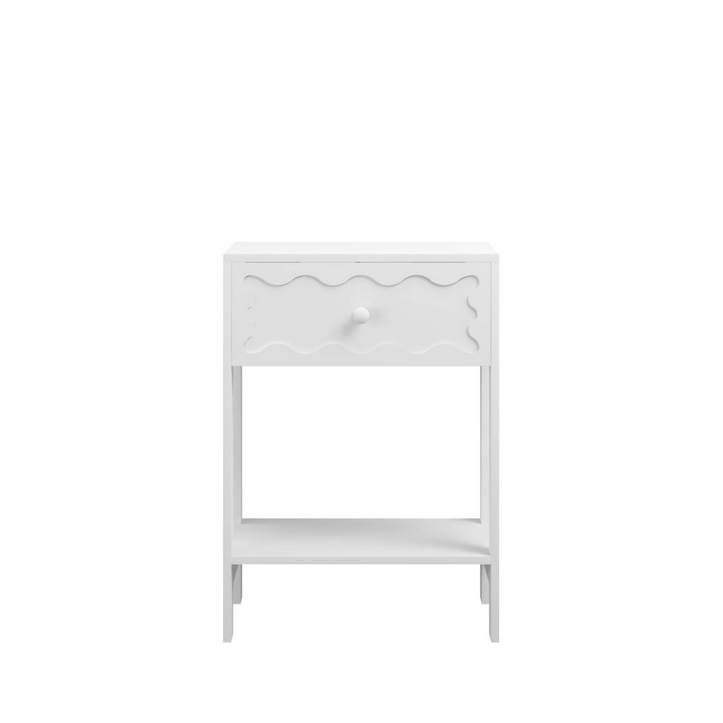 White Nightstand with Drawer and Open Shelf, Modern Wave Pattern Bedside Table, Solid Wood Frame End Table for Bedroom, Living Room, Small Spaces - Grand Goldman Shop