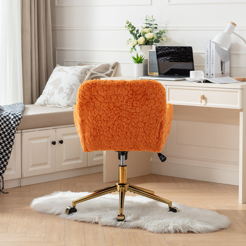 A&A Furniture Office Chair, Artificial Rabbit Hair with Golden Metal Base, Adjustable Swivel Desk Chair, Orange - Grand Goldm