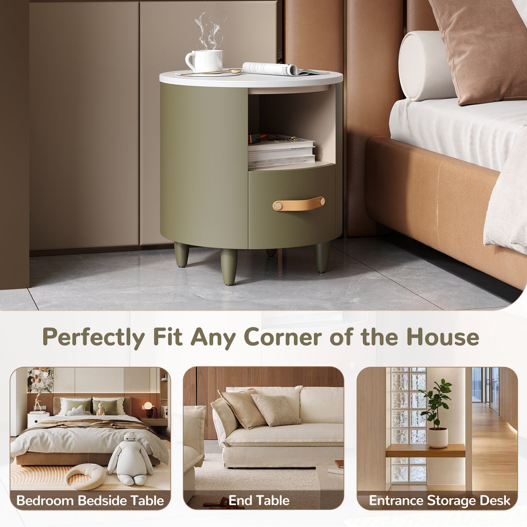 Contemporary & Modern Round Nightstand with Storage Drawer, Sofa End Table with Open Storage Shelf, Bedside Table with Curved Design for Living Room & Bedroom, Easy Assembly, Green - Grand Goldman Shop
