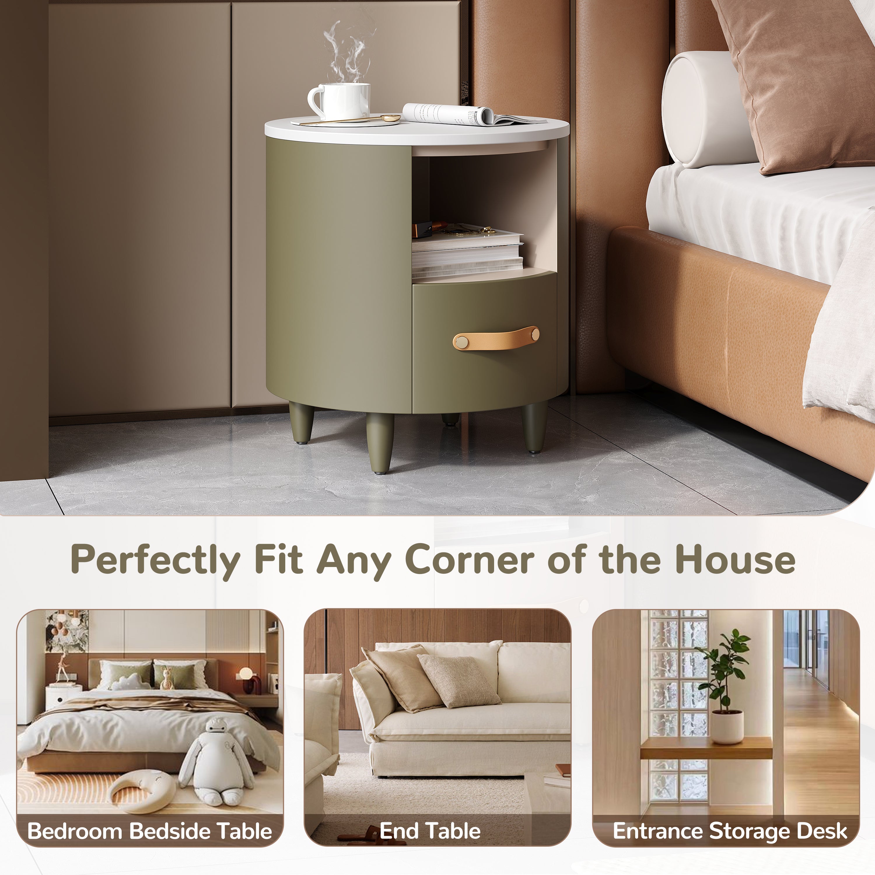 Contemporary & Modern Round Nightstand with Storage Drawer, Sofa End Table with Open Storage Shelf, Bedside Table with Curved Design for Living Room & Bedroom, Easy Assembly, Green - Grand Goldman Shop
