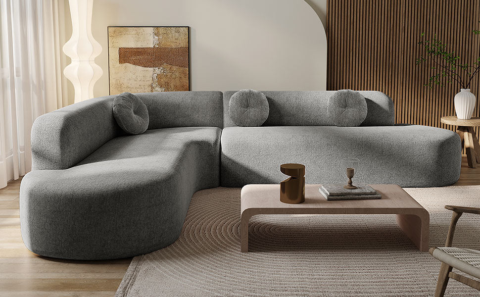 Mirod 122'' Extra Large Sectional Sofa Soft Fabric Upholstery, Elegant Curved Design with Three Round Cushions , High-Resilience Foam for Ultimate Comfort - Grand Goldman Shop