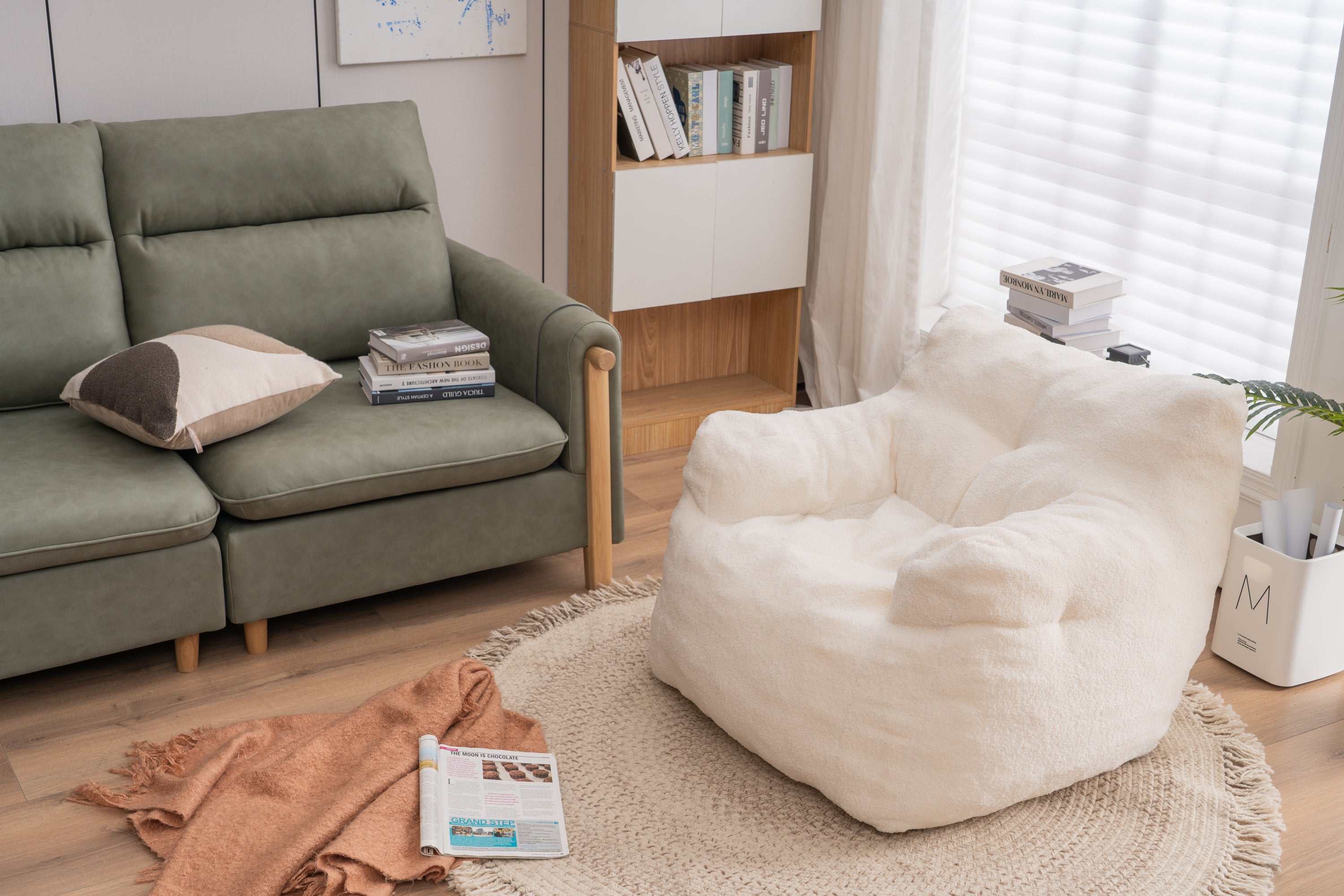 Ivory White Soft Teddy Fabric Tufted Foam Bean Bag Chair with Memory Sponge - Grand Goldman Shop
