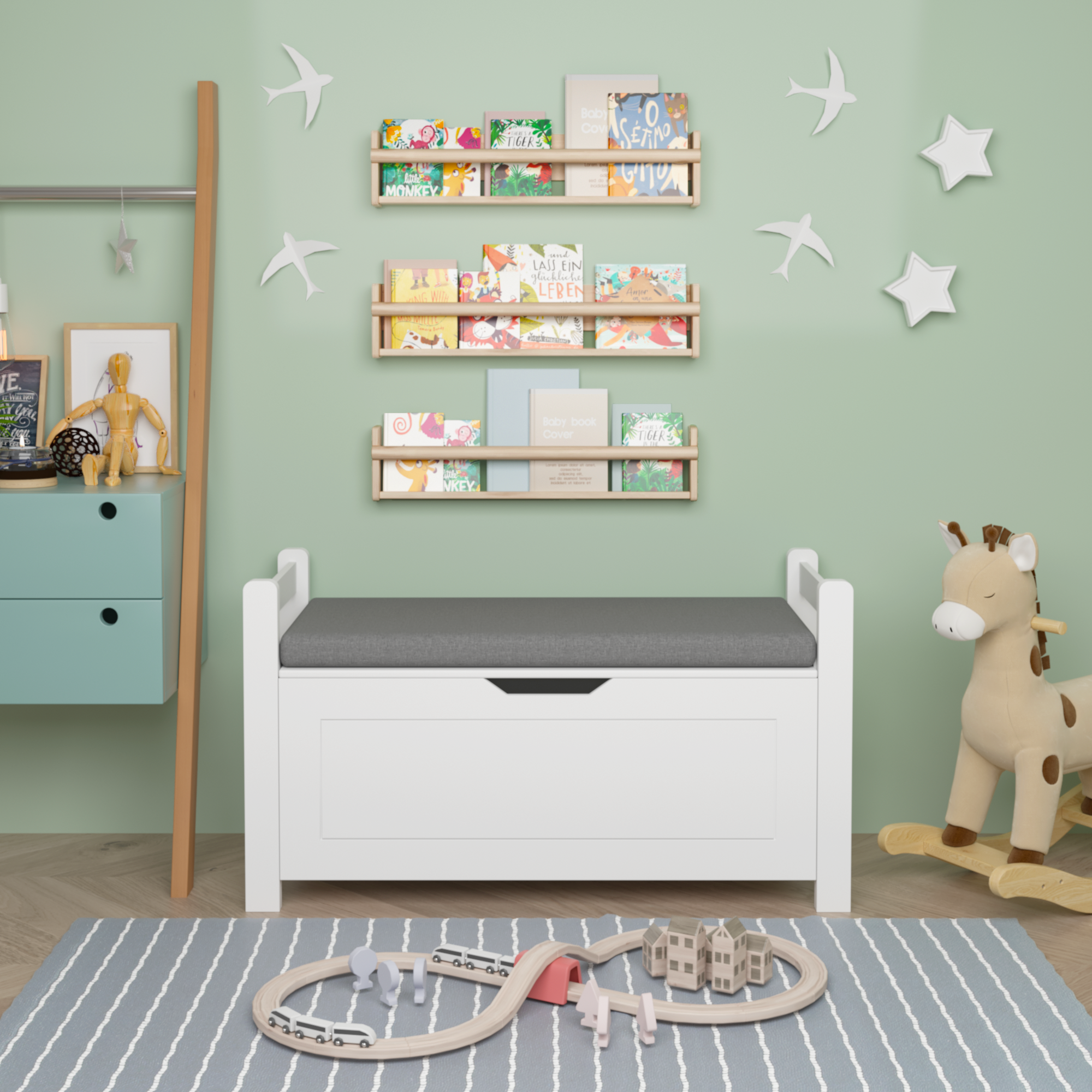Kids Toy Box Chest White Storage Cabinet with Cushion Seat Bench Flip-Top Lid Safety Hinge for Nursery Playroom | Premium Hom