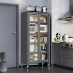 65'  Metal 6-Tier Storage Cabinet with Transparent Door, Adjustable Shelves & Wheels, for Kitchen Pantry Organization, Gray Metal - Grand Goldman Shop
