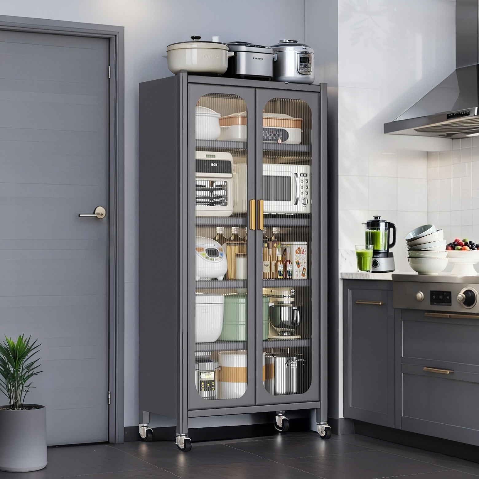 65'  Metal 6-Tier Storage Cabinet with Transparent Door, Adjustable Shelves & Wheels, for Kitchen Pantry Organization, Gray Metal - Grand Goldman Shop