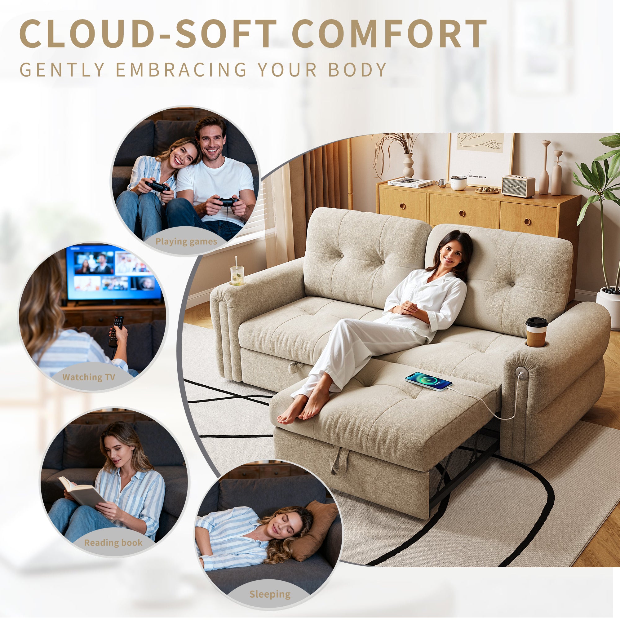 It is a multi-functional sofa, a 77-inch convertible sofa bed, and a 2-in-1 piece suitable for both sitting and lying down. Made of  Chenille fabric, it is suitable for living rooms, bedrooms - Grand Goldman Shop