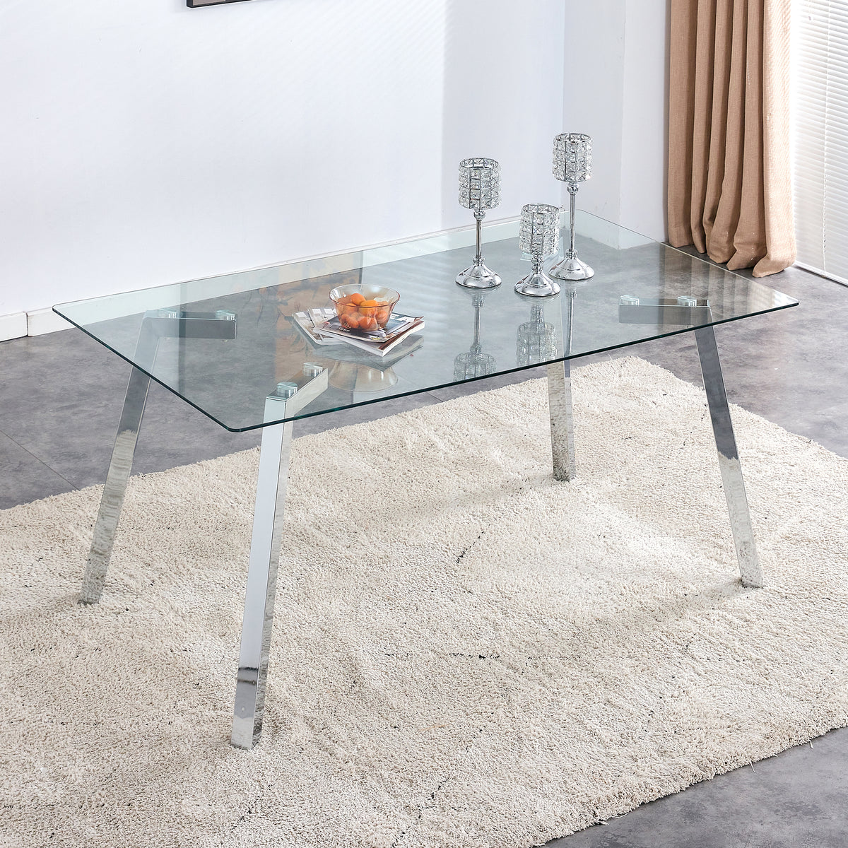 A modern minimalist rectangular glass dining table with tempered glass tabletop and silver metal legs, suitable for kitchens, restaurants, and living rooms,63'*35.4'*30' - Grand Goldman Shop