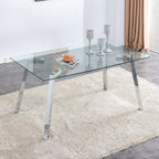 A modern minimalist rectangular glass dining table with tempered glass tabletop and silver metal legs, suitable for kitchens, restaurants, and living rooms,63'*35.4'*30' - Grand Goldman Shop