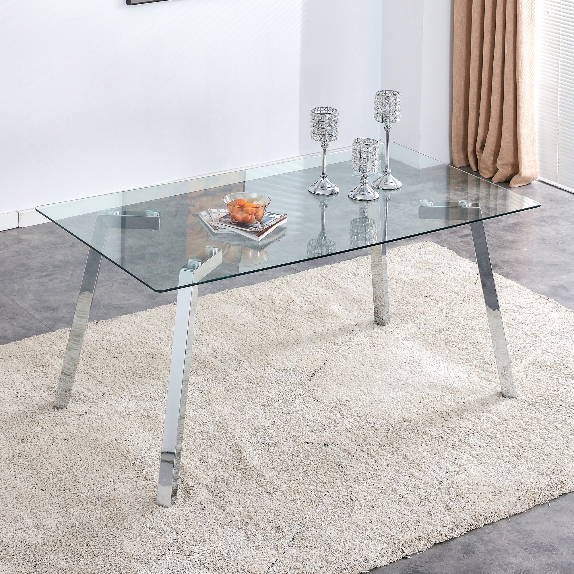 A modern minimalist rectangular glass dining table with tempered glass tabletop and silver metal legs, suitable for kitchens, restaurants, and living rooms,63'*35.4'*30' - Grand Goldman Shop