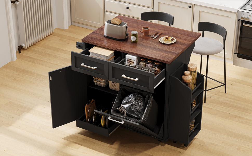 K&K 47.2' Farmhouse Kitchen Island with Drop Leaf, Kitchen Storage Island with Removable Side Racks, Two Drawers, Rolling Kitchen Cart on Wheels with Towel Rack, for Home, Kitchen, Dining Room, Black - Grand Goldman Shop
